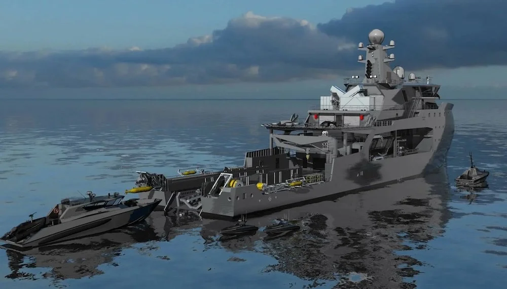 Ulstein Larsnes X-BOW standardfartøy på 96 meter sett bakfra med missionbay for USV og spesialfartøy