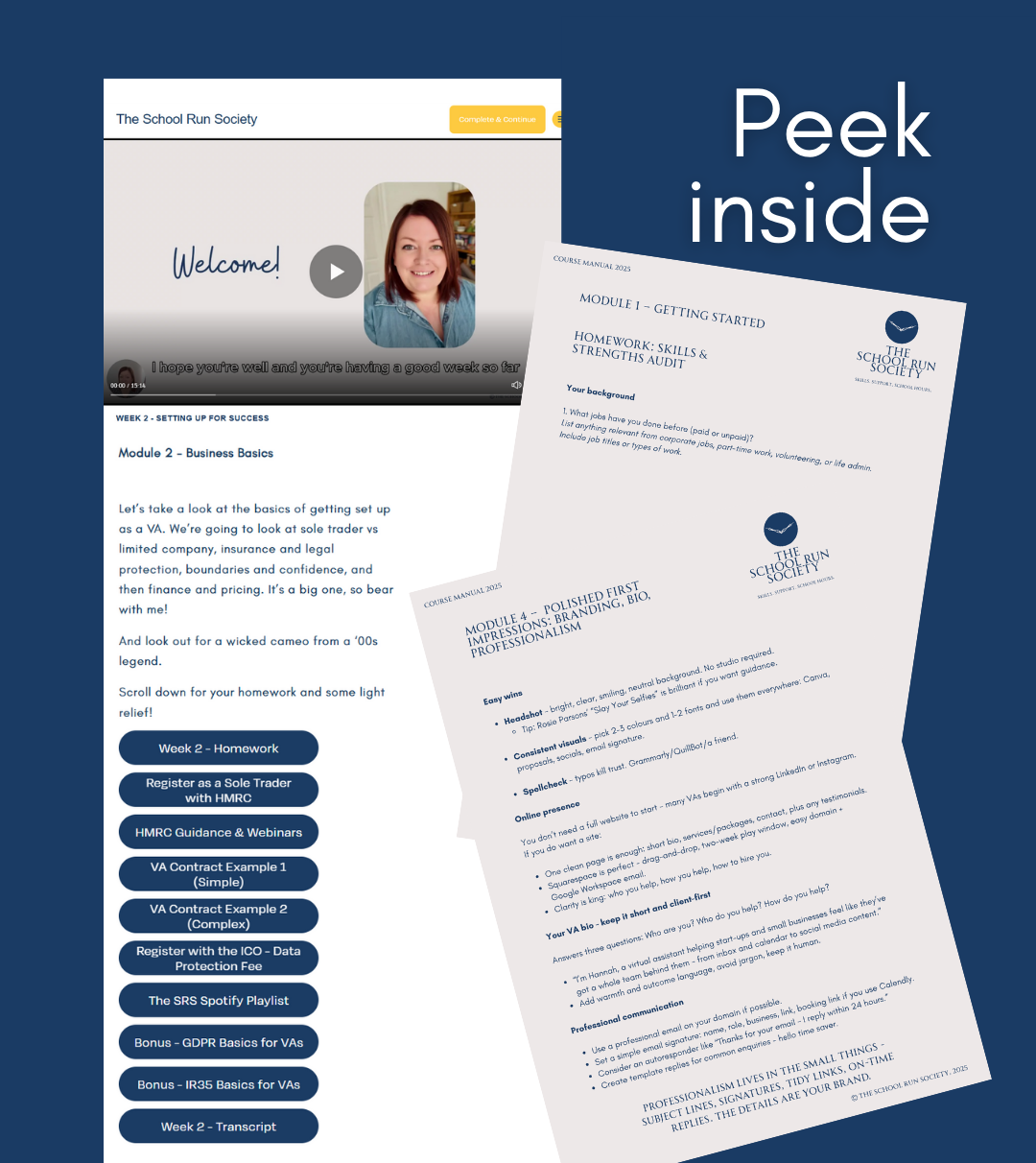 Inside view of the School Run Society online course platform and a course manual with the title 'Getting Started' and modules about business basics and professional branding.
