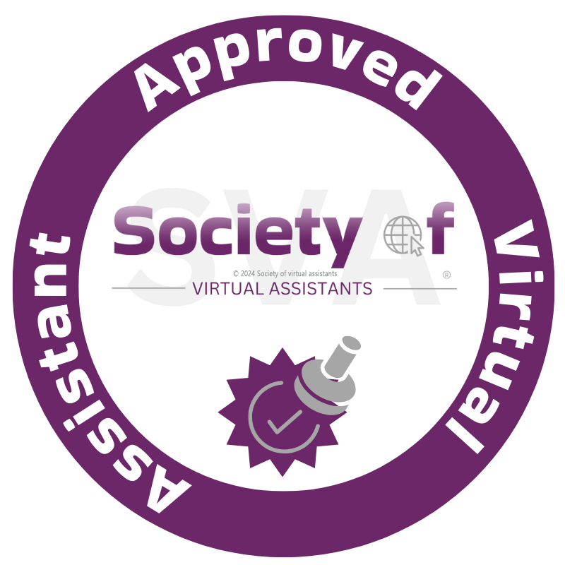 A purple and white circular badge with the words 'Approved Virtual Assistant' around the border. The center displays the text 'Society of Virtual Assistants' with a globe and cursor icon, and an illustration of an eye with a checkmark inside.