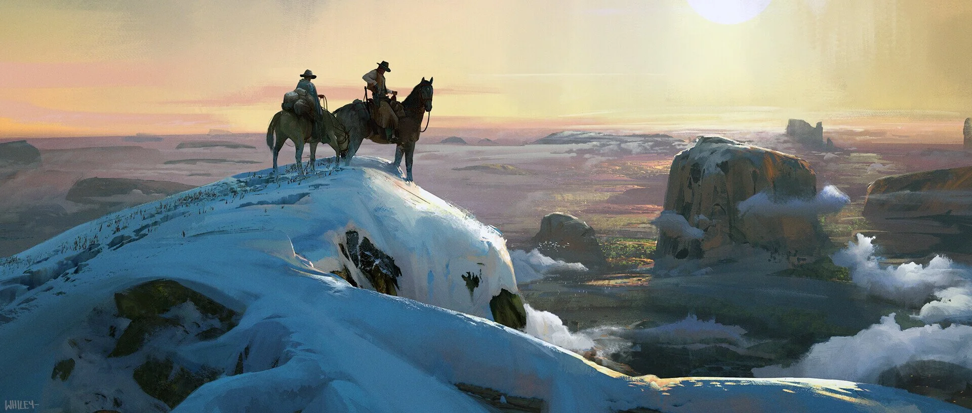 cowboys on snowy peaks looking at the horizon