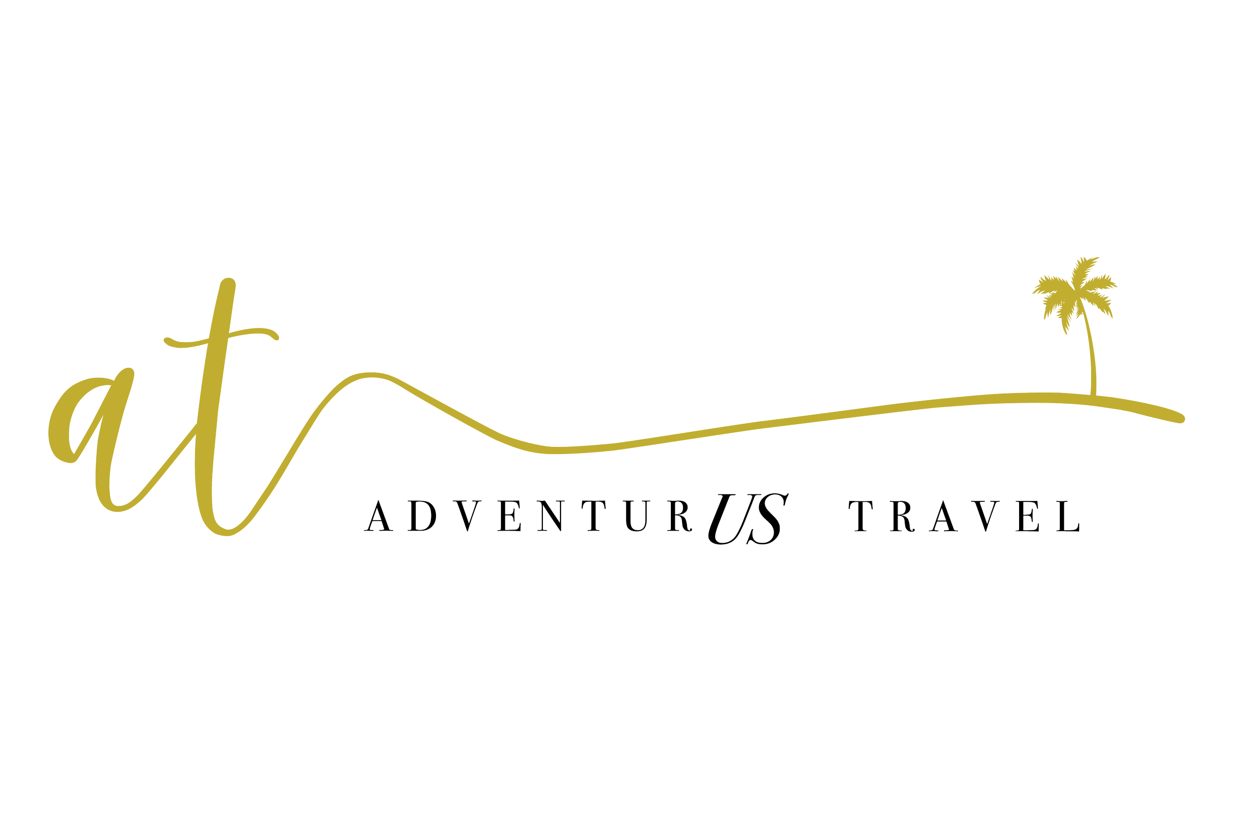 Logo for At Adventures US Travel featuring a stylized globe with a palm tree and a curved line representing a path or horizon.
