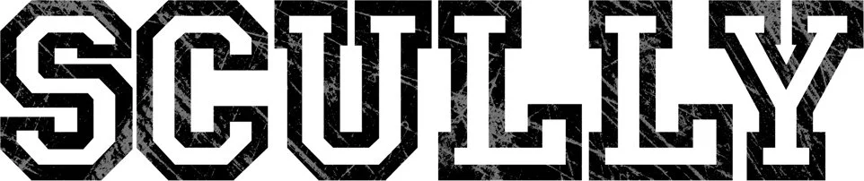 The text "SCULLY" in bold, black, outlined varsity-style letters on a black background.