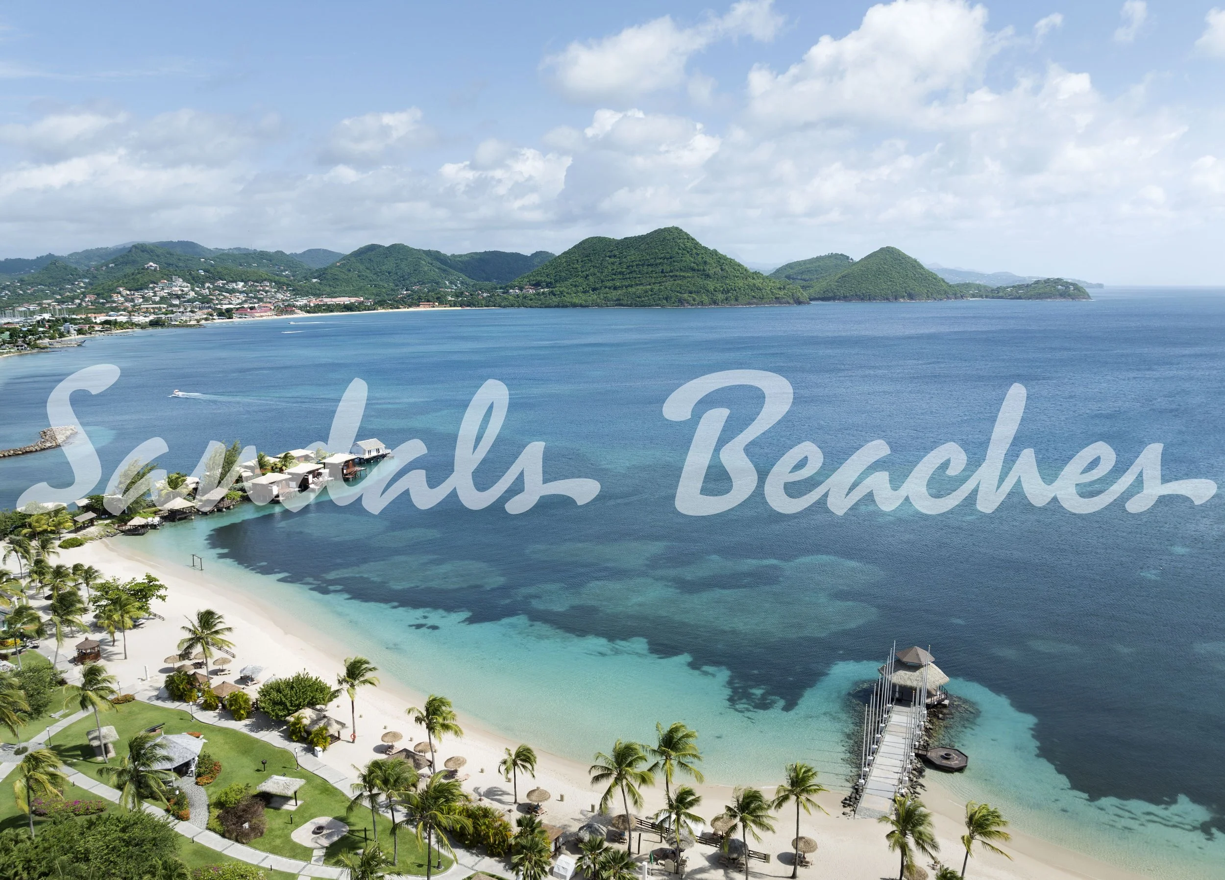 Aerial view of a tropical beach with white sand, palm trees, turquoise water, a pier with a hut, and green hills in the background. Text overlay reads 'Souths Beaches'.