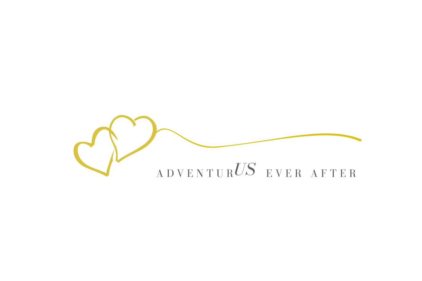 Two interlinked gold hearts with a golden line extending from them, and the text 'ADVENTUR US EVER AFTER' with 'US' in bold.