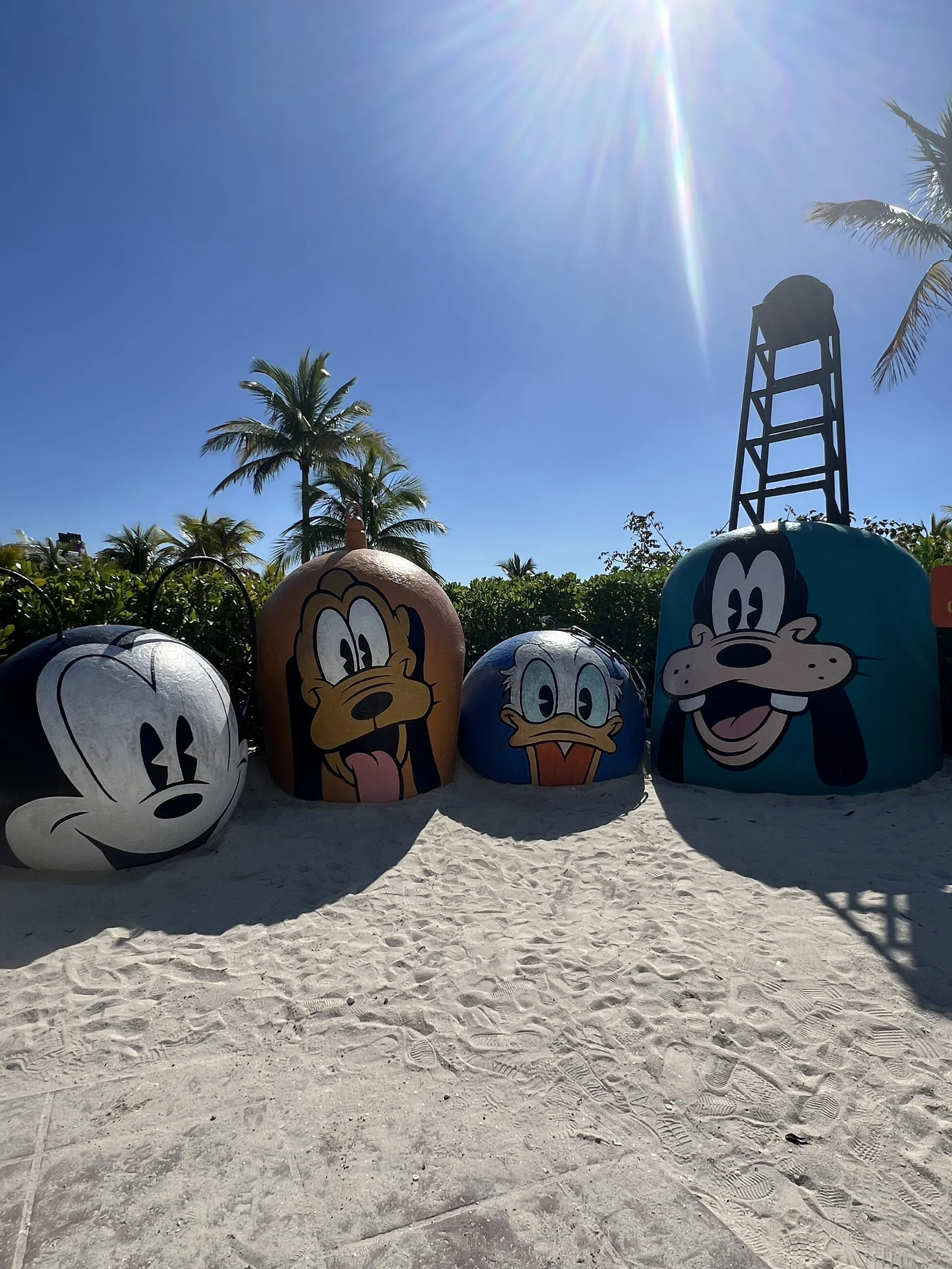 Beach scene with four painted rocks featuring Mickey Mouse, Pluto, Donald Duck, and Goofy characters, with palm trees and bright sun in the background. Disney's Castaway Cay