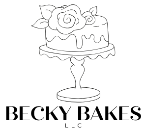 A line drawing of a birthday cake with a rose decoration on top, placed on a cake stand, and the text 'BECKY BAKES LLC' below.