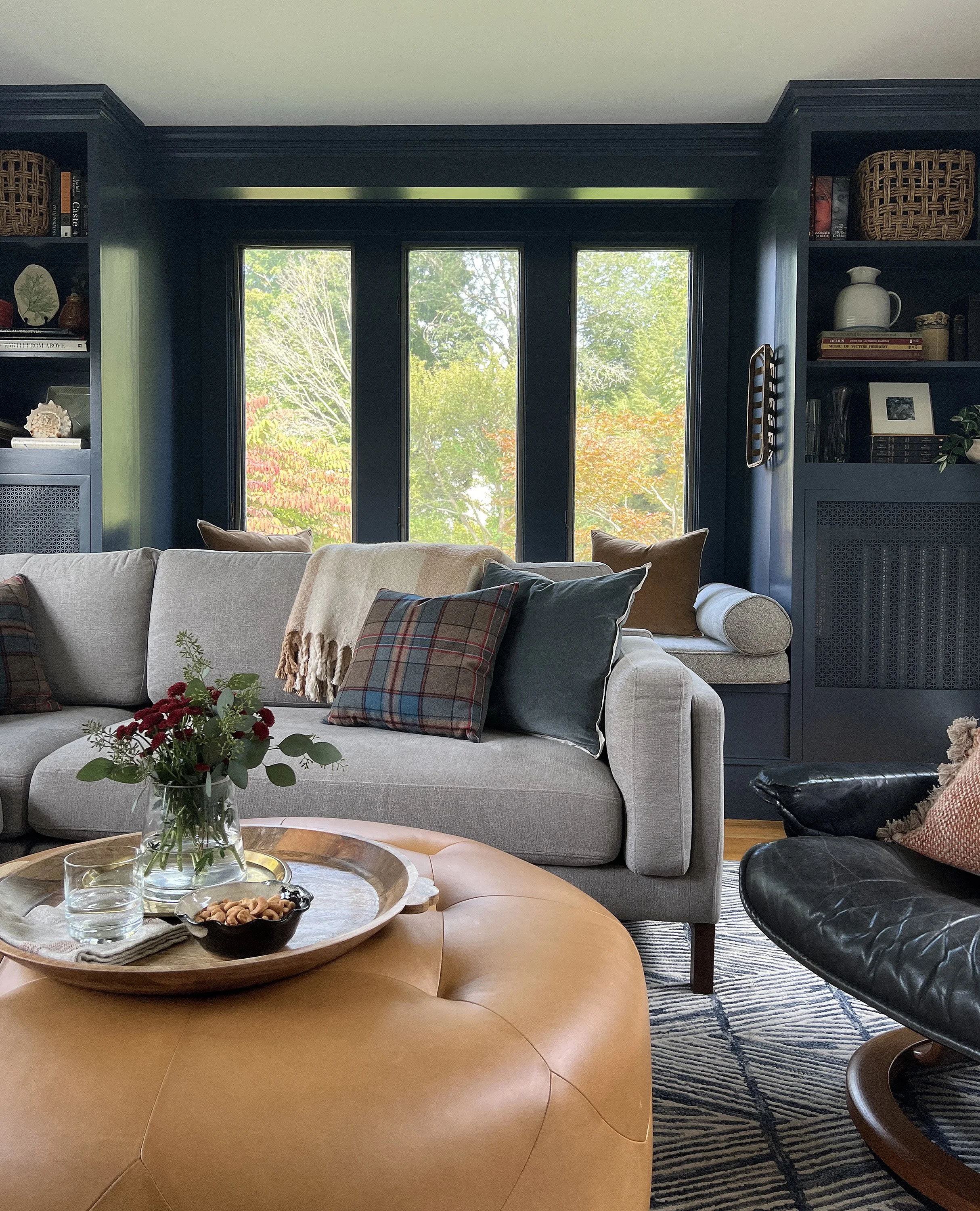 a transitional family room in Lexington, MA