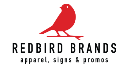 Redbird Brands logo with a red bird on a branch and black text that reads 'REDBIRD BRANDS apparel, signs & promos'.