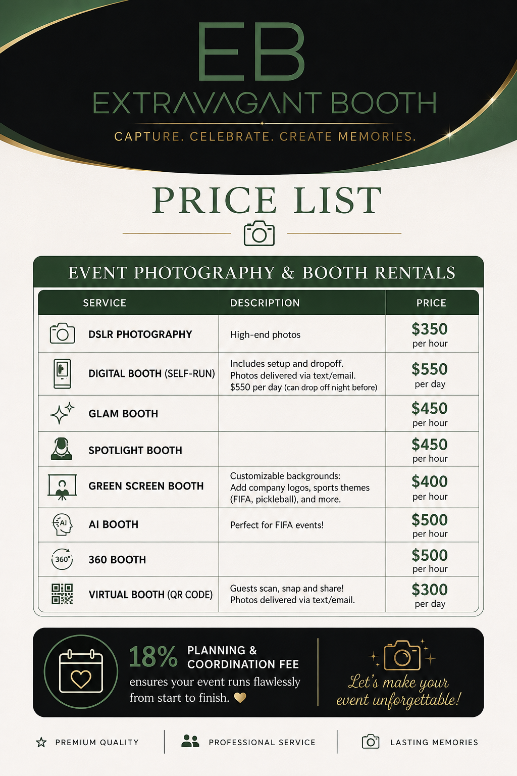 Price list for event photography and booth rentals, including DSLR photography, digital booths, glam and spotlight booths, green screen, AI, 360°, and virtual booths, with prices ranging from $300 to $550 per day or hour.