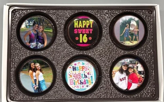 Six circular photographs arranged in two rows inside a box, celebrating a 16th birthday. The top middle photo has colorful text that reads 'HAPPY SWEET 16.' The other photos show young girls at a birthday celebration, posing together and outdoors.