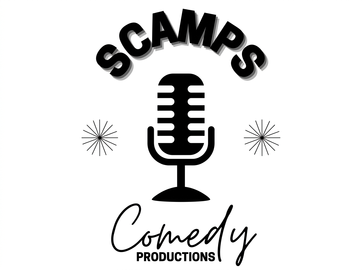 Logo for 'Scamps Comedy Productions' featuring a vintage microphone, with the words 'Scamps' arched above the microphone and 'Comedy Productions' below, flanked by two starburst designs.