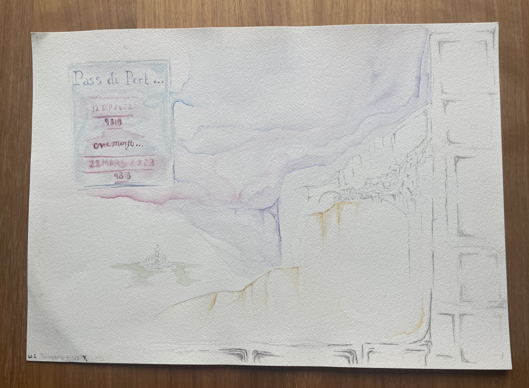 Sketch of Lebanon with a passport melting like blood onto the land, in watercolor.  