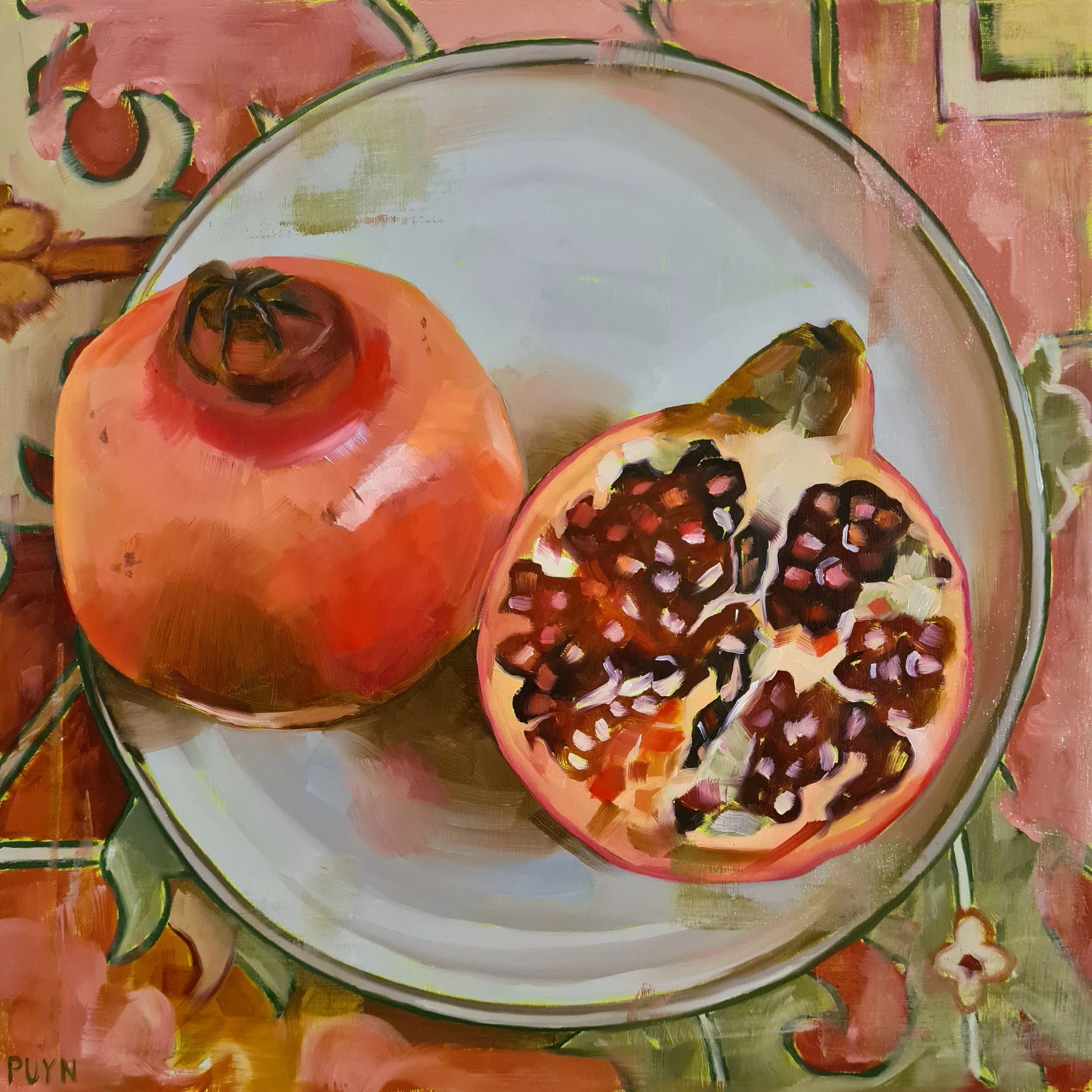 SOLD - Pomegranates, 25 x 25 cm, oil on MDF, 2025
