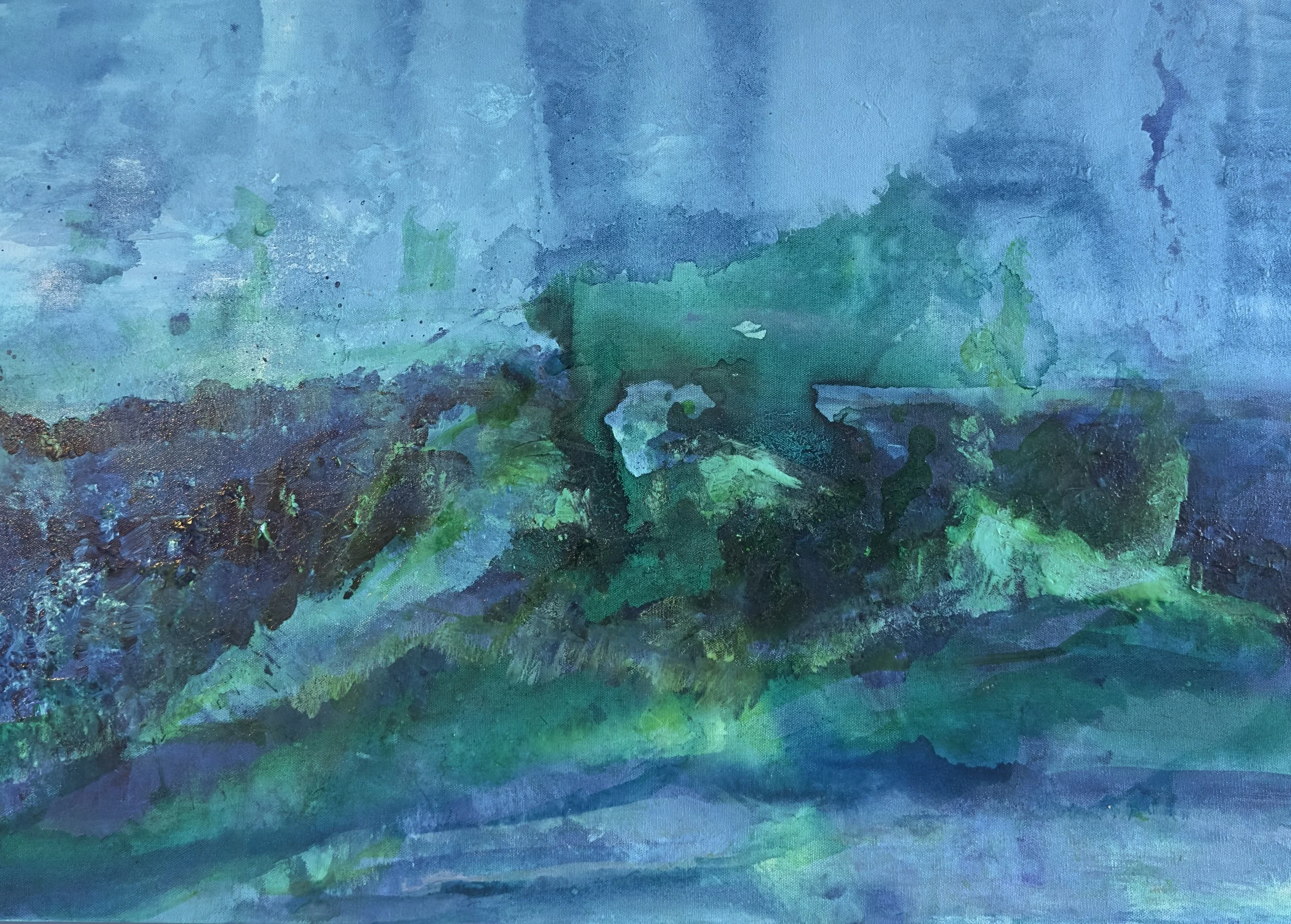  Ether Meets Water Mixed Medium  24” x 36” 2022 Inspired by a hazy summer's day at the beach 