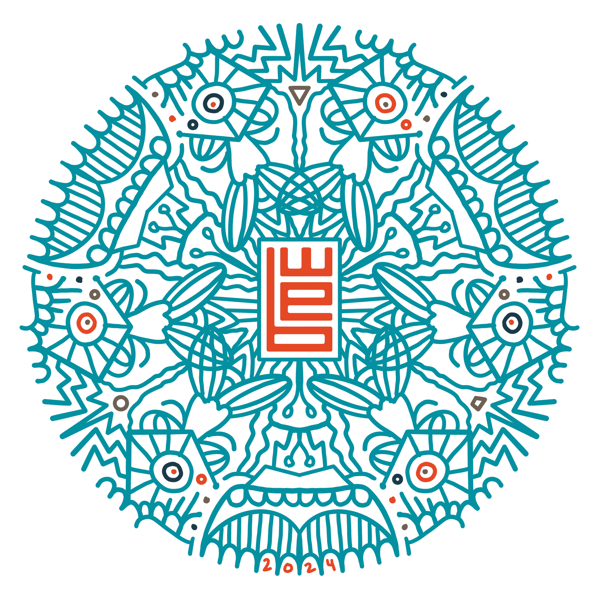 Colourful geometric design featuring a central red square with the monogram 'WEB' and the year '2024' beneath, surrounded by intricate blue patterns on a black background.