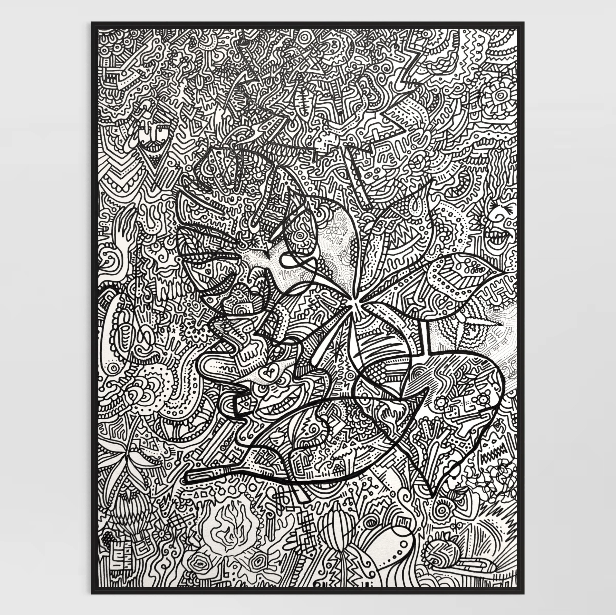 A black and white abstract line artwork with various intricate patterns, shapes, and lines, including a prominent leaf and floral elements.