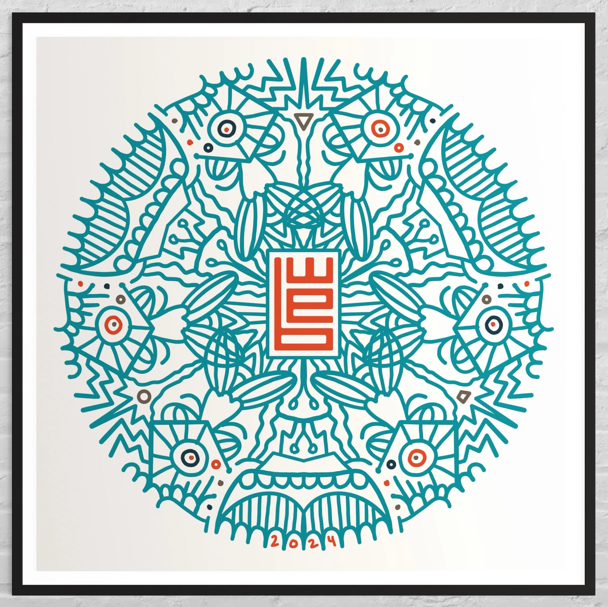 A symmetrical, intricate mandala design with geometric and organic patterns in teal, orange, and grey, featuring a red rectangular monogram reading "WEB" in the centre and the year "2024" at the bottom.