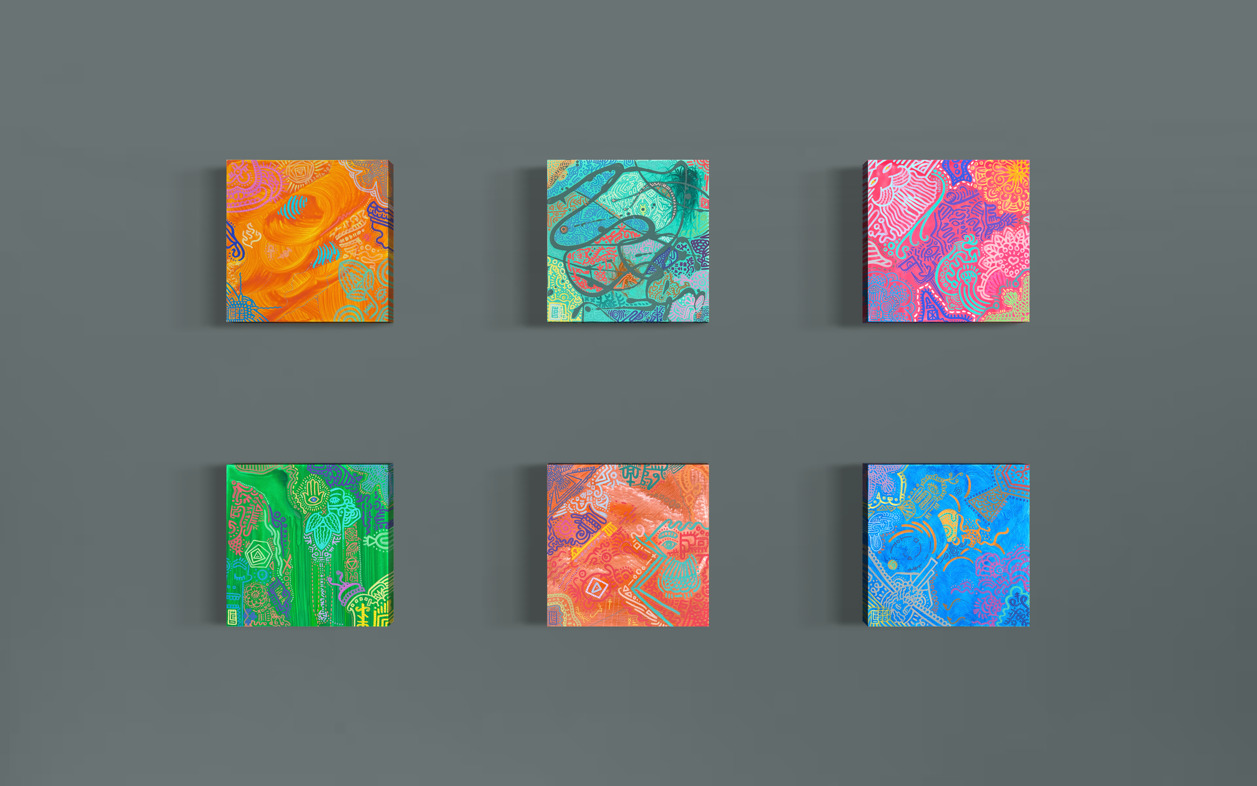 Six colourful abstract art pieces on canvas, each with intricate patterns and representing different alchemical elements.