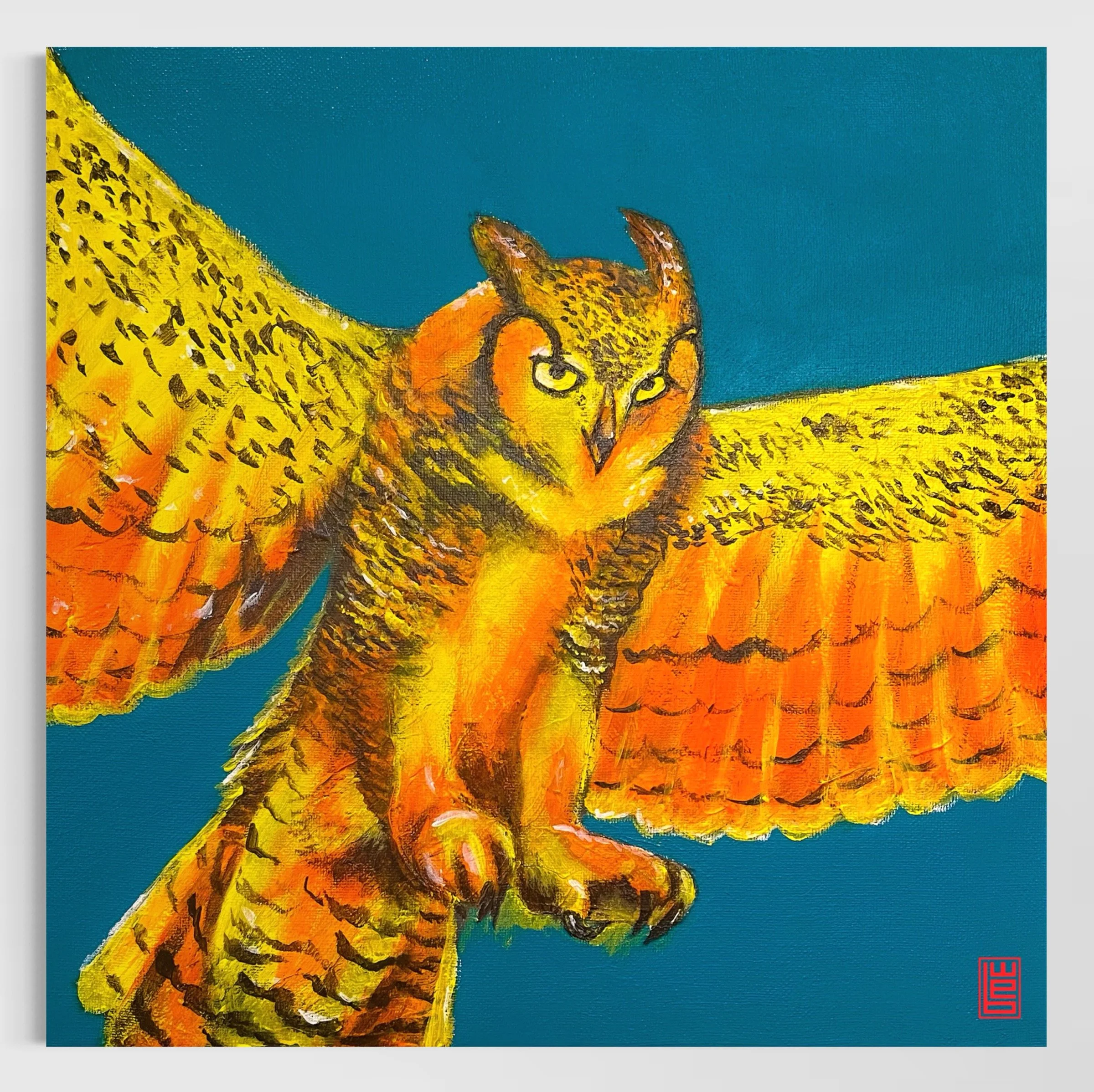 A colourful painting of a great horned owl, with large yellow wings and a fierce expression, set against a teal background.