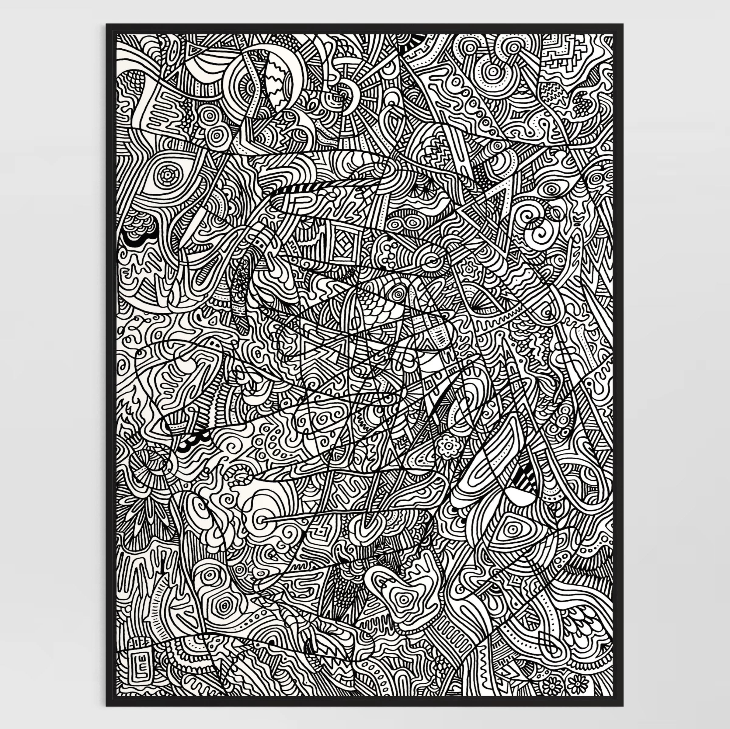 A black and white abstract line drawing with dense, intricate patterns and shapes.