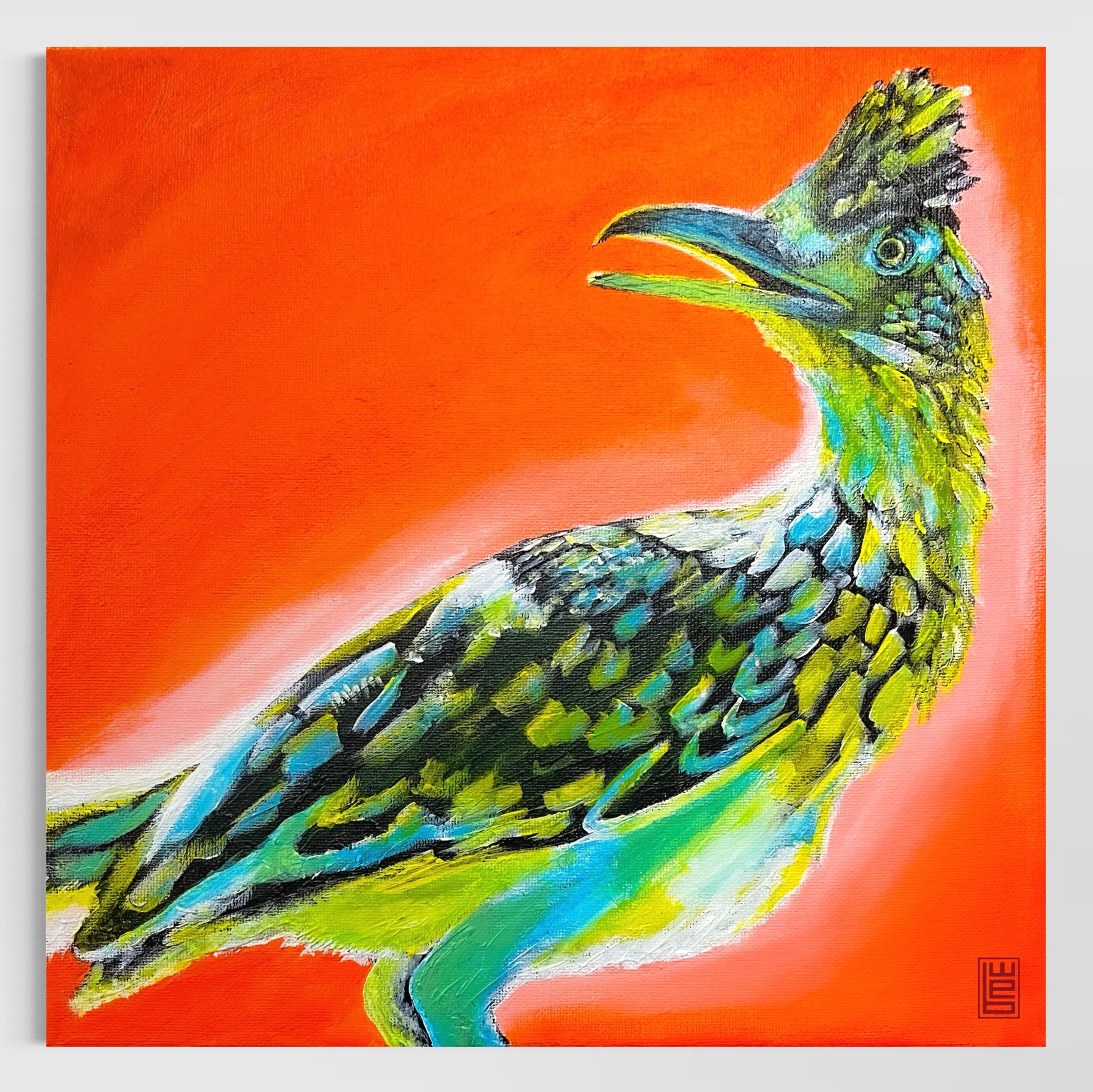 Colourful painting of a roadrunner with a crest, vibrant feathers, and a beak, set against a red-orange background.