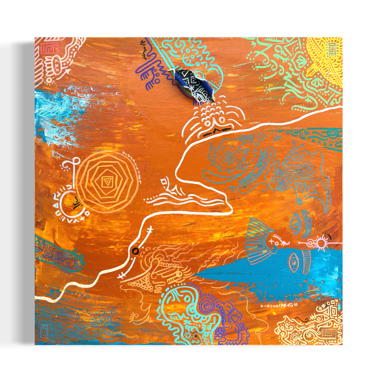  Wesley Ethyn Bowers,  BEHIND THE VEIL   (2026). Acrylic on Canvas, paper, paper towel, glue, 20 x 20".