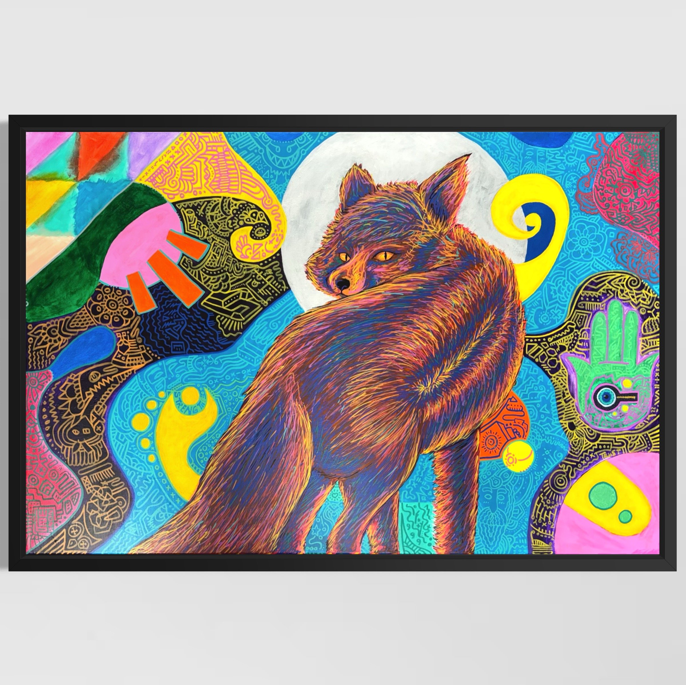 Colourful painting of a fox with a textured fur coat, set against a vibrant psychedelic background with abstract patterns, symbols, and a full moon.