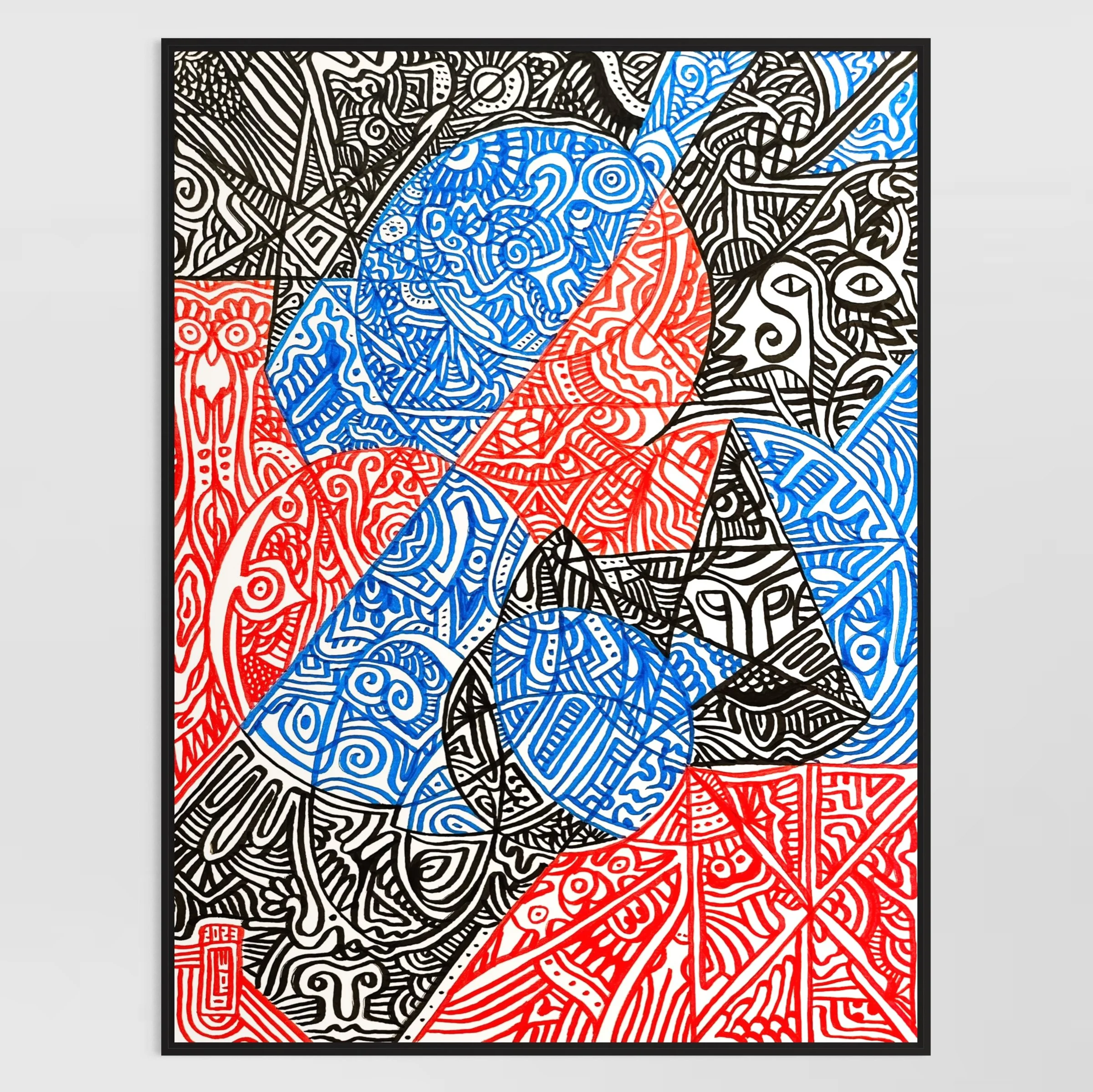 Abstract artwork with a mosaic of intricate patterns in black, red, and blue, forming geometric and swirling designs.