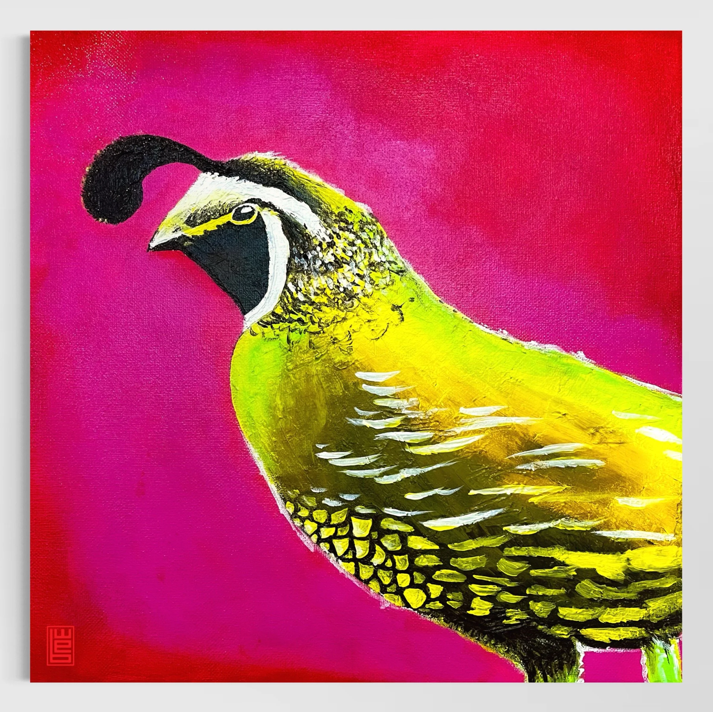 Vibrant painting of a yellow and black quail with a black crest on a pink background.