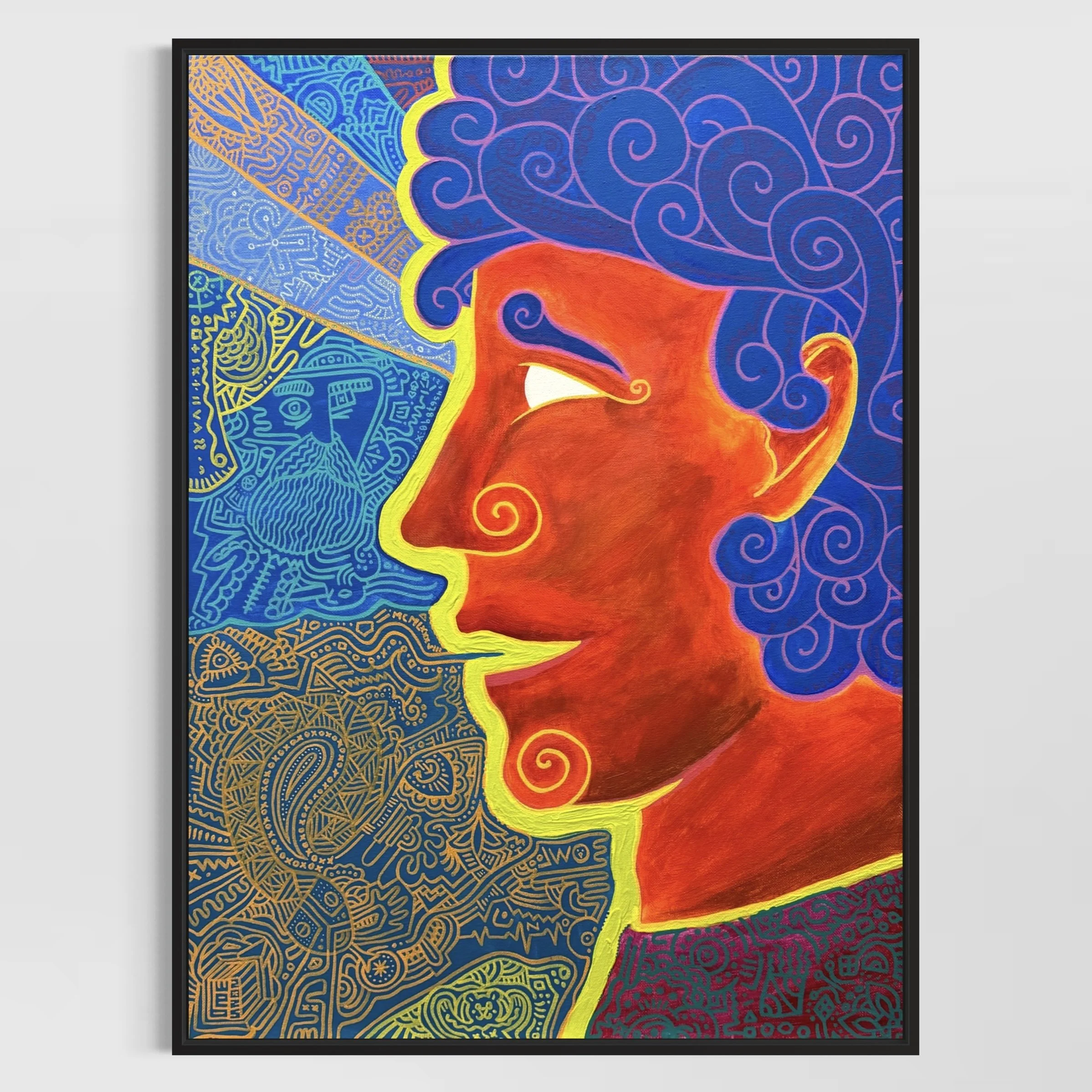 Colourful abstract portrait of a person's face with bright orange skin, blue curly hair, and swirling facial features, set against a vibrant background with intricate patterns and designs.