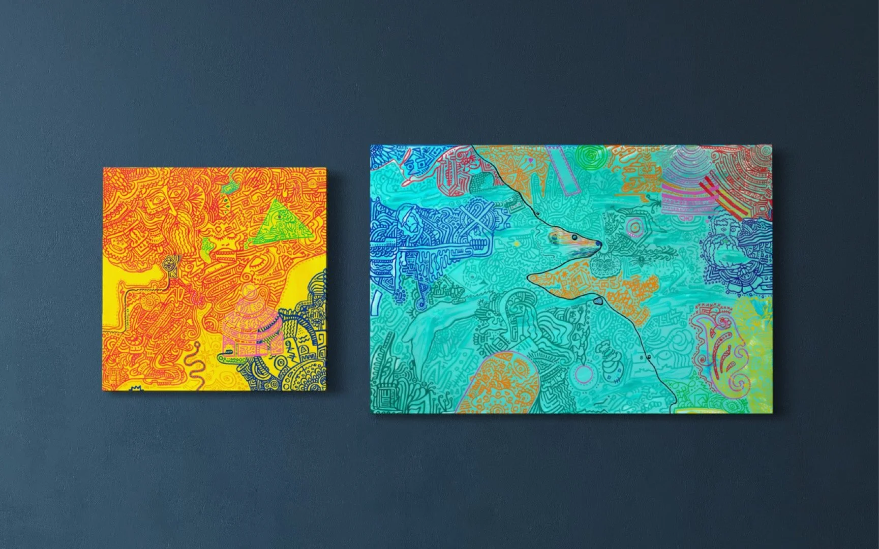 Two colourful abstract paintings, one features a yellow backdrop with red, blue, green, pink and other coloured linework, and the other features a bear's or otter's face with intricate patterns and designs in various colours, including blue, orange, 