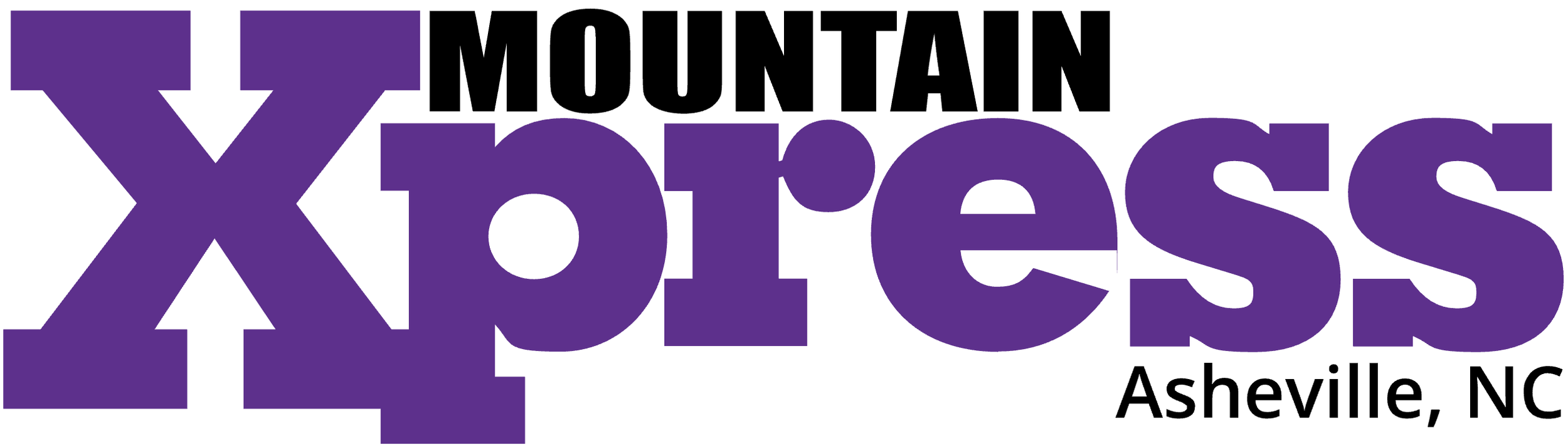 Logo with bold text reading 'Mountain Xpress Asheville, NC' in purple and black.