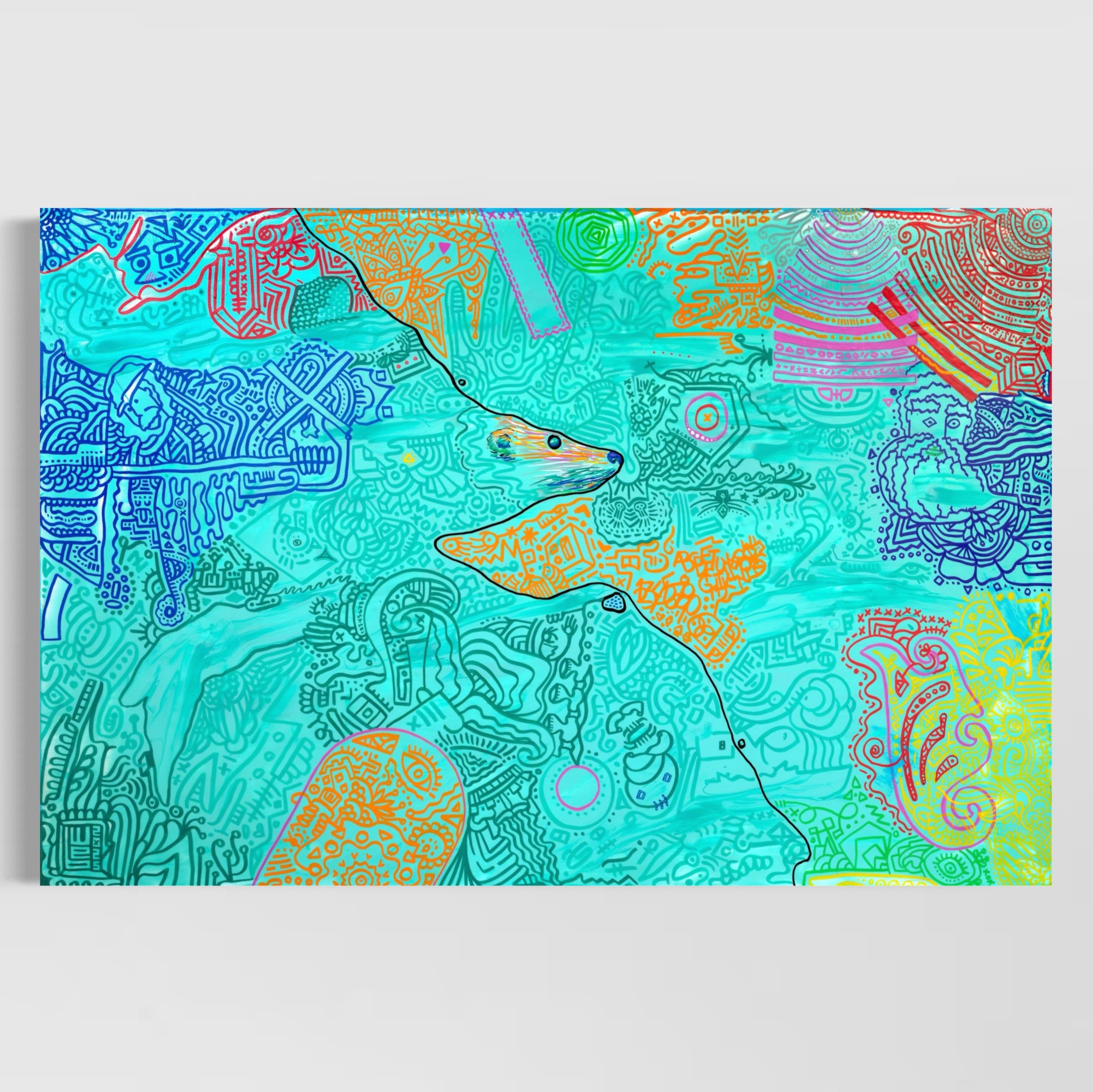 A closeup of Alluvion Odyssey, an acrylic painting filled with intricate lines, hidden images, and vibrant colours like aquas, oranges, pinks, and blues.