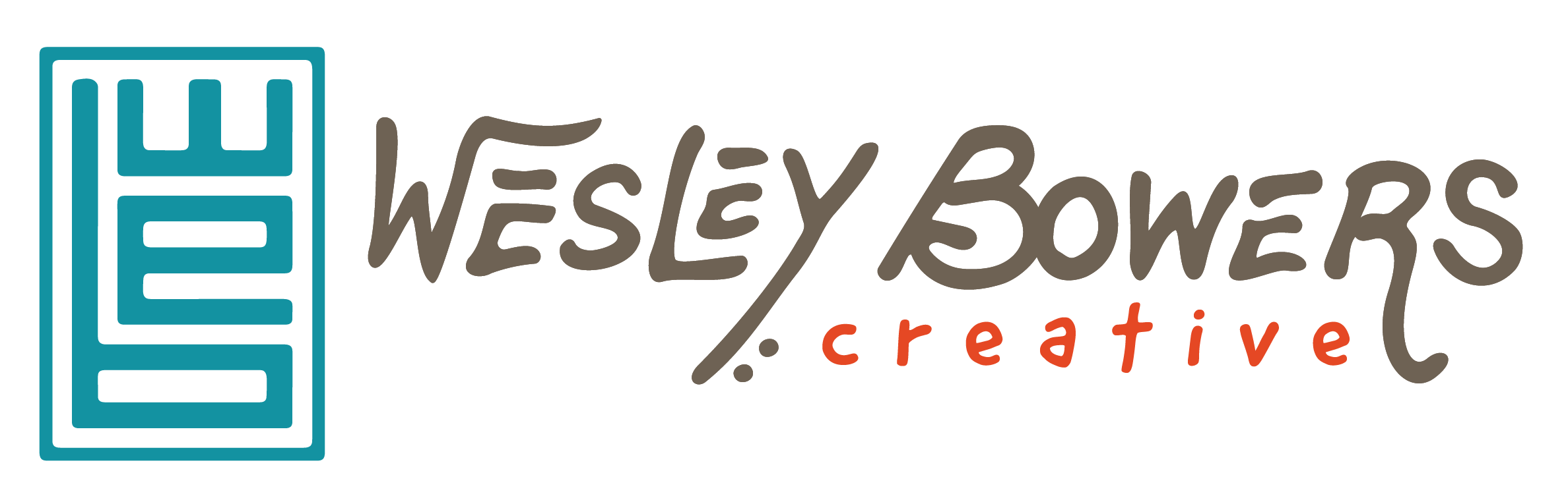 Logo for Wesley Bowers Creative. It contains a monogram that spells out WEB in a teal rectangle. Wesley Bowers is written in a handwritten format and a dark greyish brown. Creative is in a rounded red-orange font.