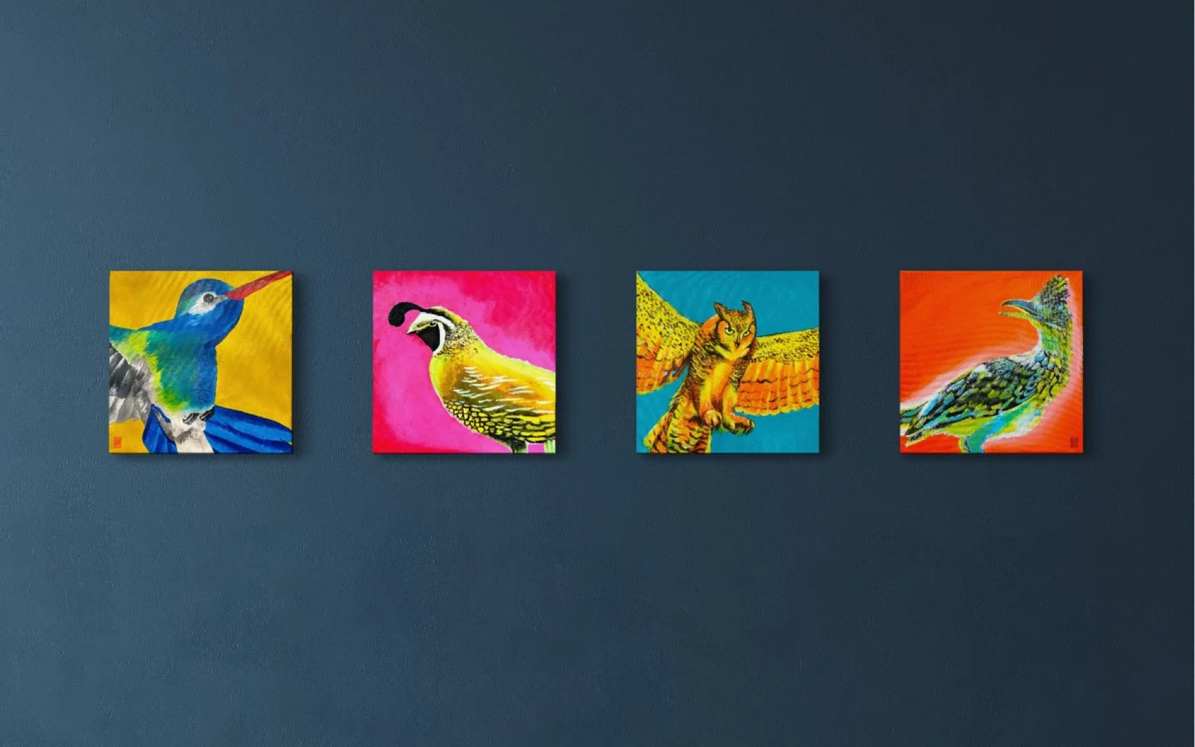 Four colourful paintings of different birds, each with vibrant background colours.