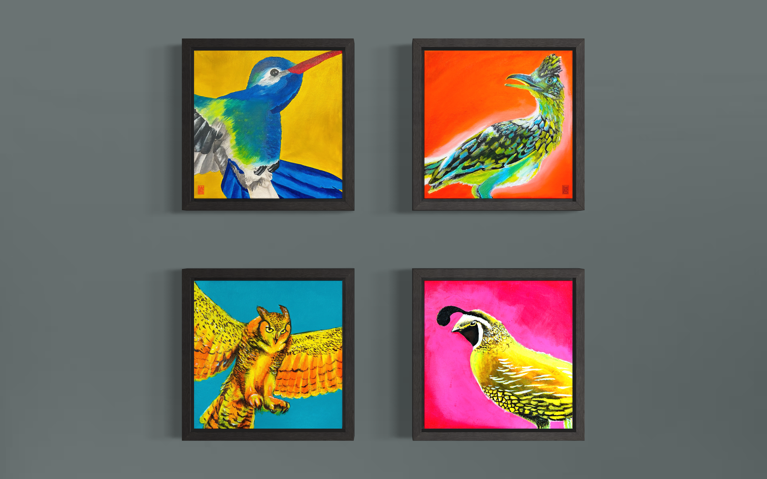 Four colourful paintings of different birds, each with vibrant background colours.