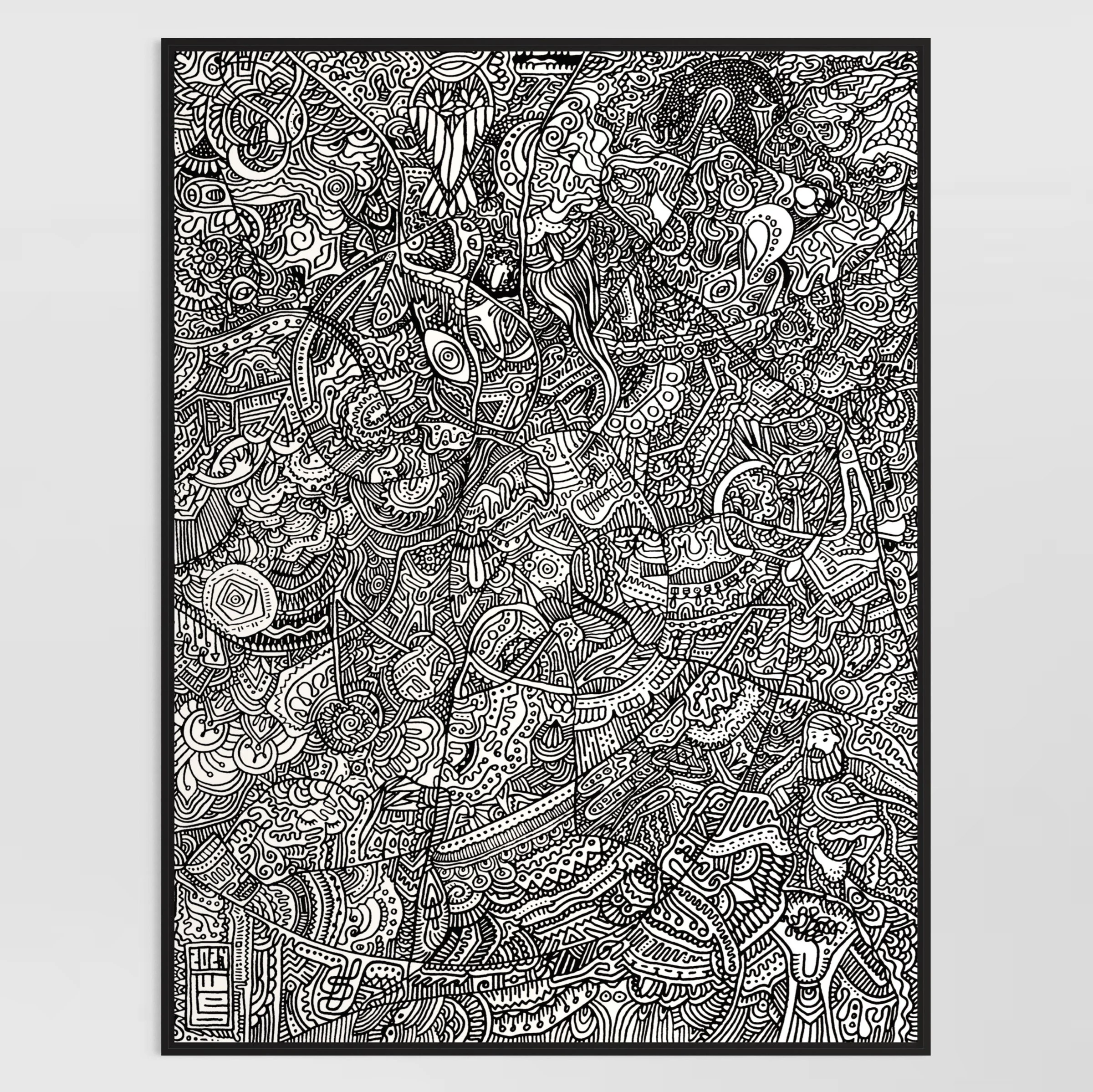 Black-and-white abstract line art featuring various intricate patterns, shapes, and figures.