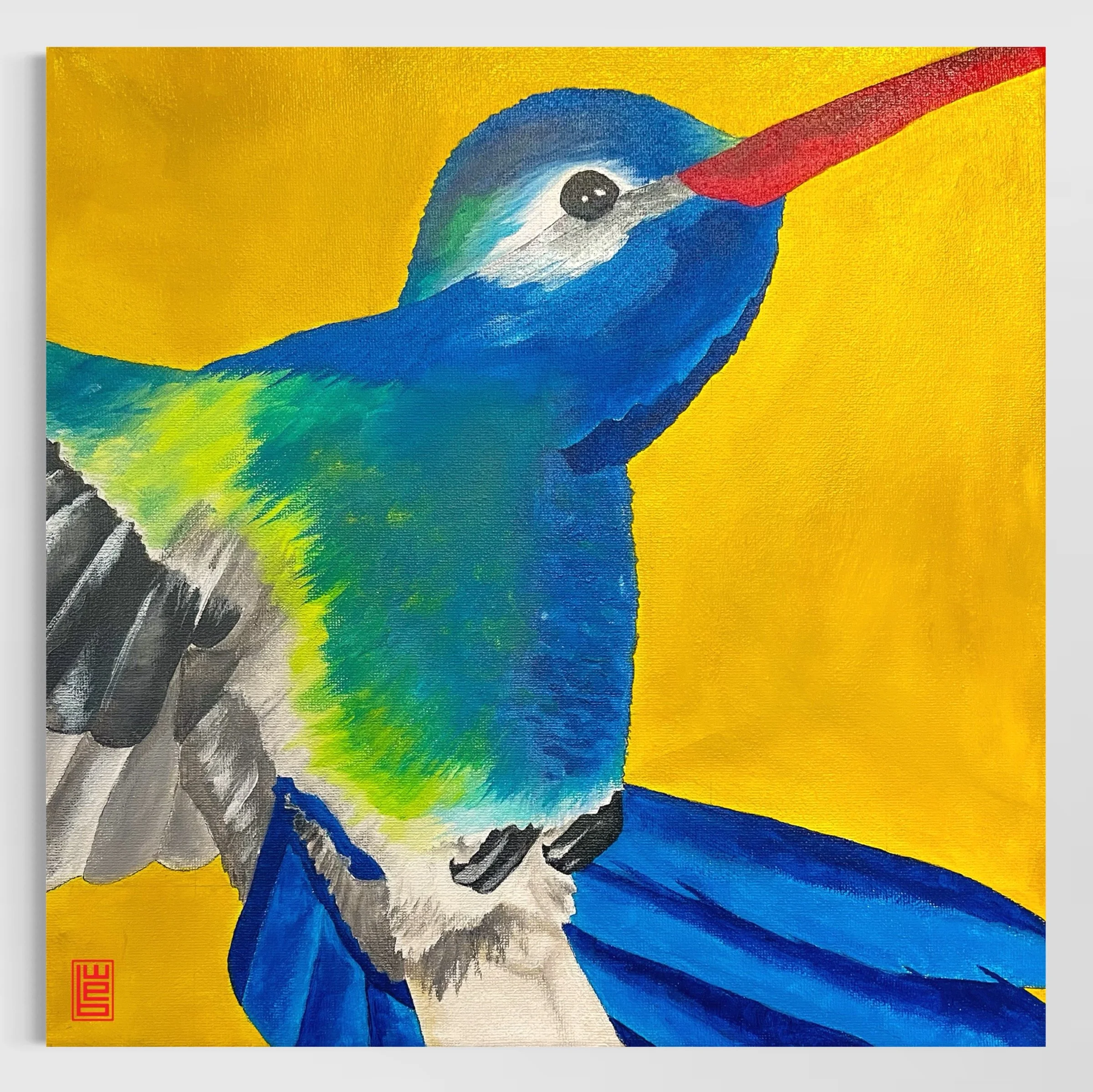 Painting of a colourful hummingbird against a yellow background.