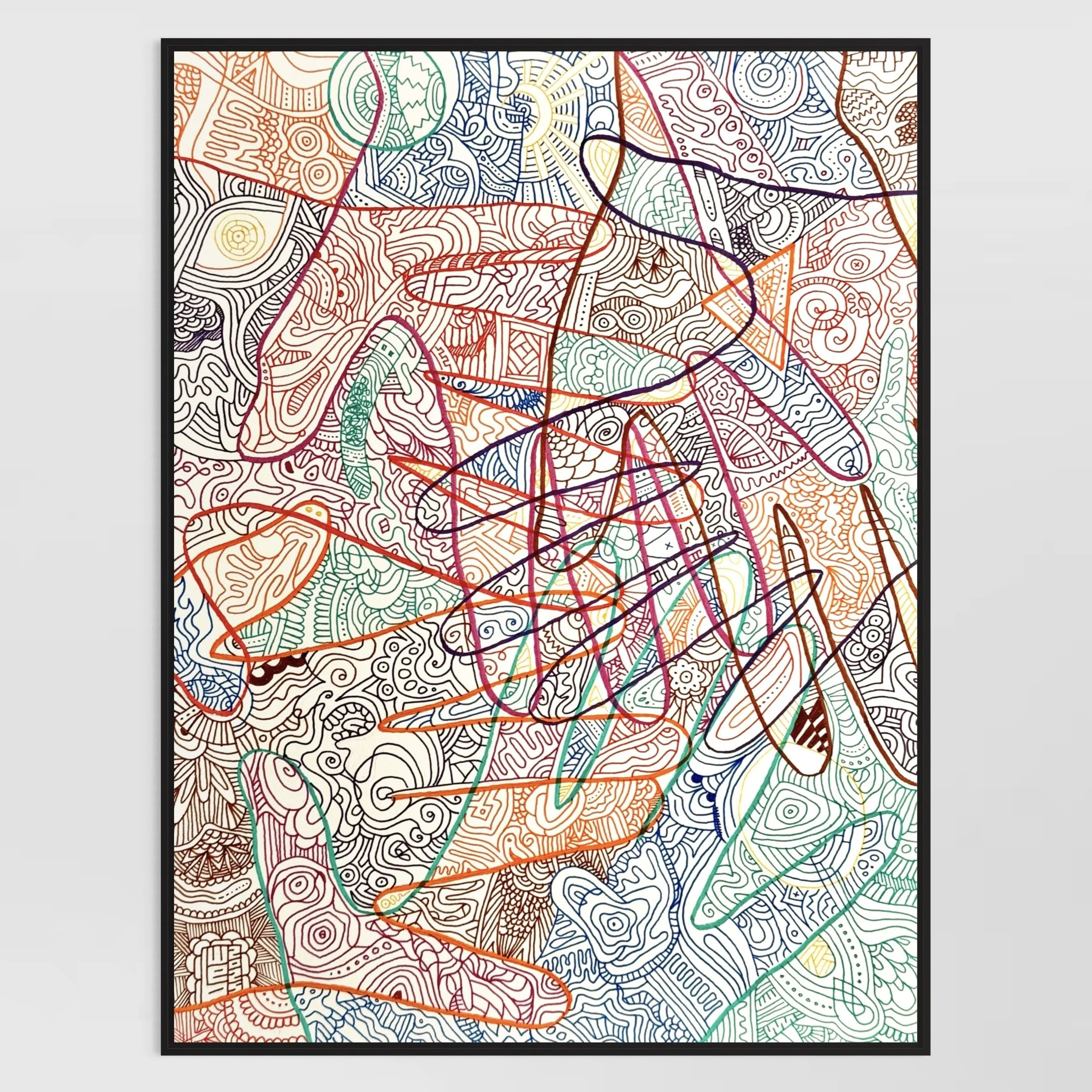 Colorful abstract line art with various shapes and intricate patterns.