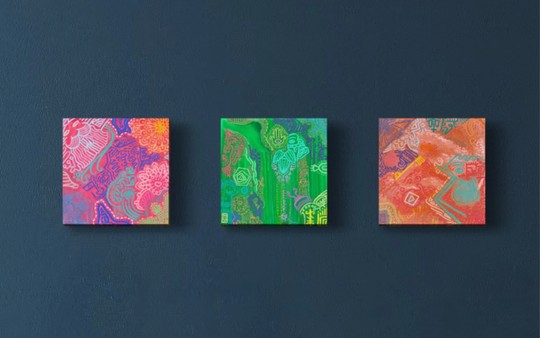 Three colorful abstract art pieces on canvas, each with intricate patterns. The first has a red and orange background with purple, blue, and yellow details. The second features a green and blue background with bright neon accents. The third displays 
