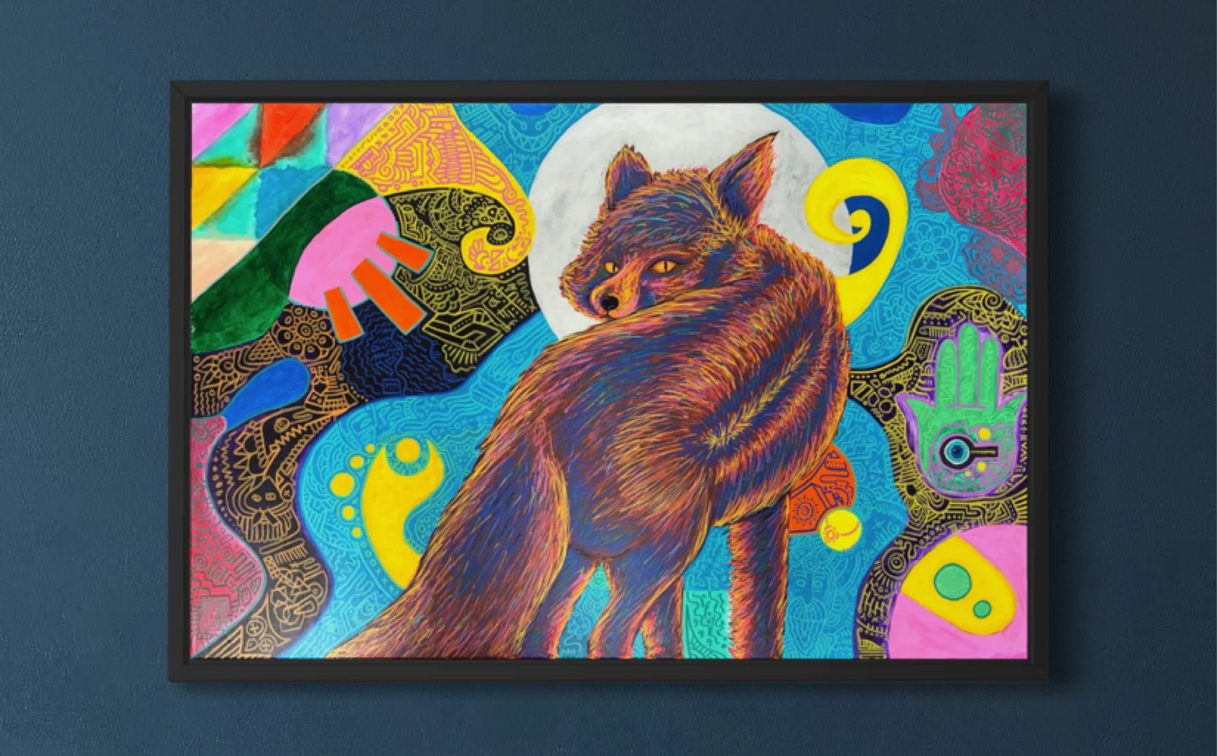 Colourful abstract artwork featuring a fox with a full moon in the background, surrounded by various vibrant patterns, symbols, and shapes, including a green hand with an eye, yellow teardrop shapes, and swirling designs.