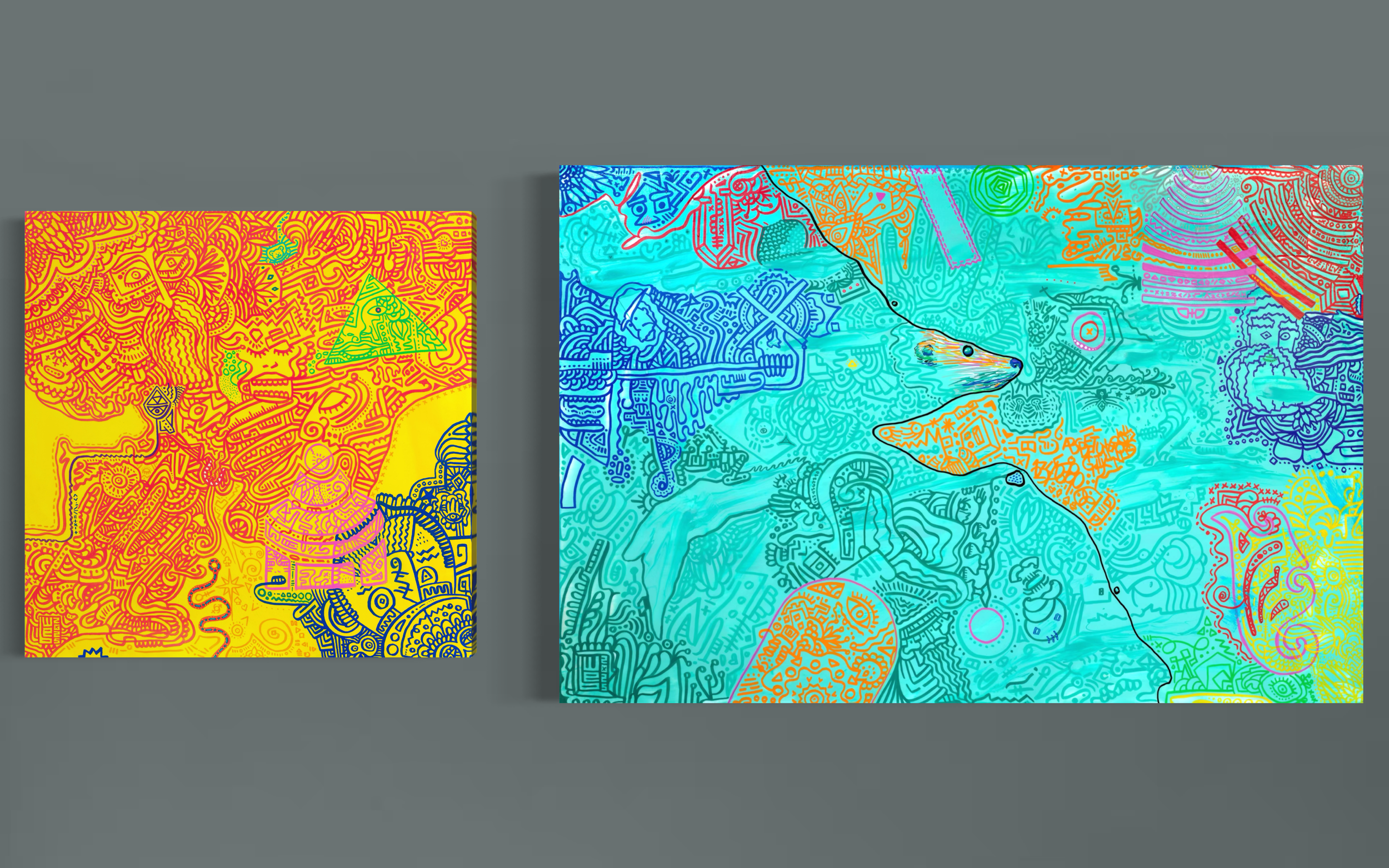 Two colourful abstract paintings, one features a yellow backdrop with red, blue, green, pink and other coloured linework, and the other features a bear's or otter's face with intricate patterns and designs in various colours, including blue, orange, 