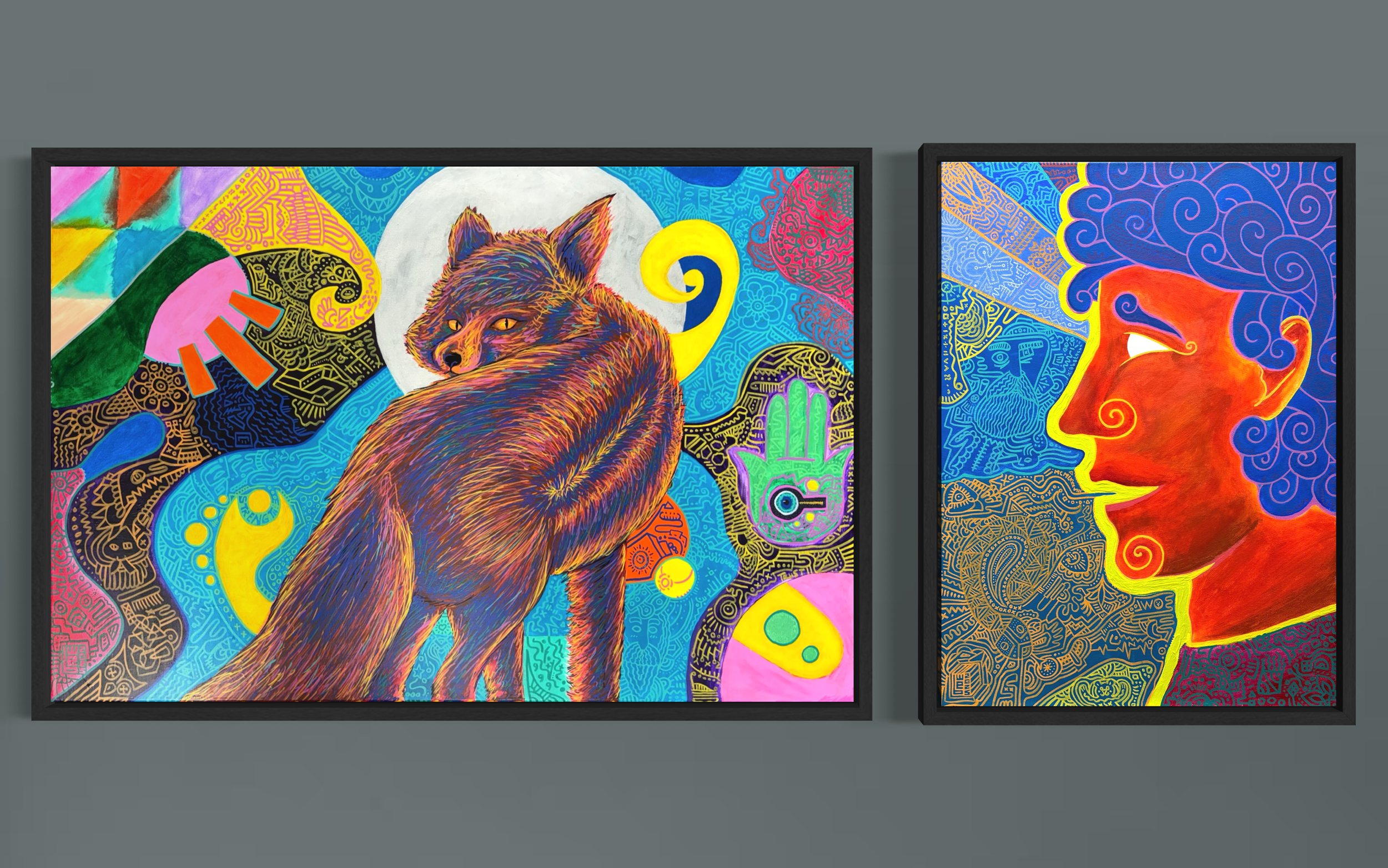 Colourful abstract artwork featuring a fox with a full moon in the background, surrounded by various vibrant patterns, symbols, and shapes, including a green hand with an eye, yellow teardrop shapes, and swirling designs.

Colourful abstract featurin