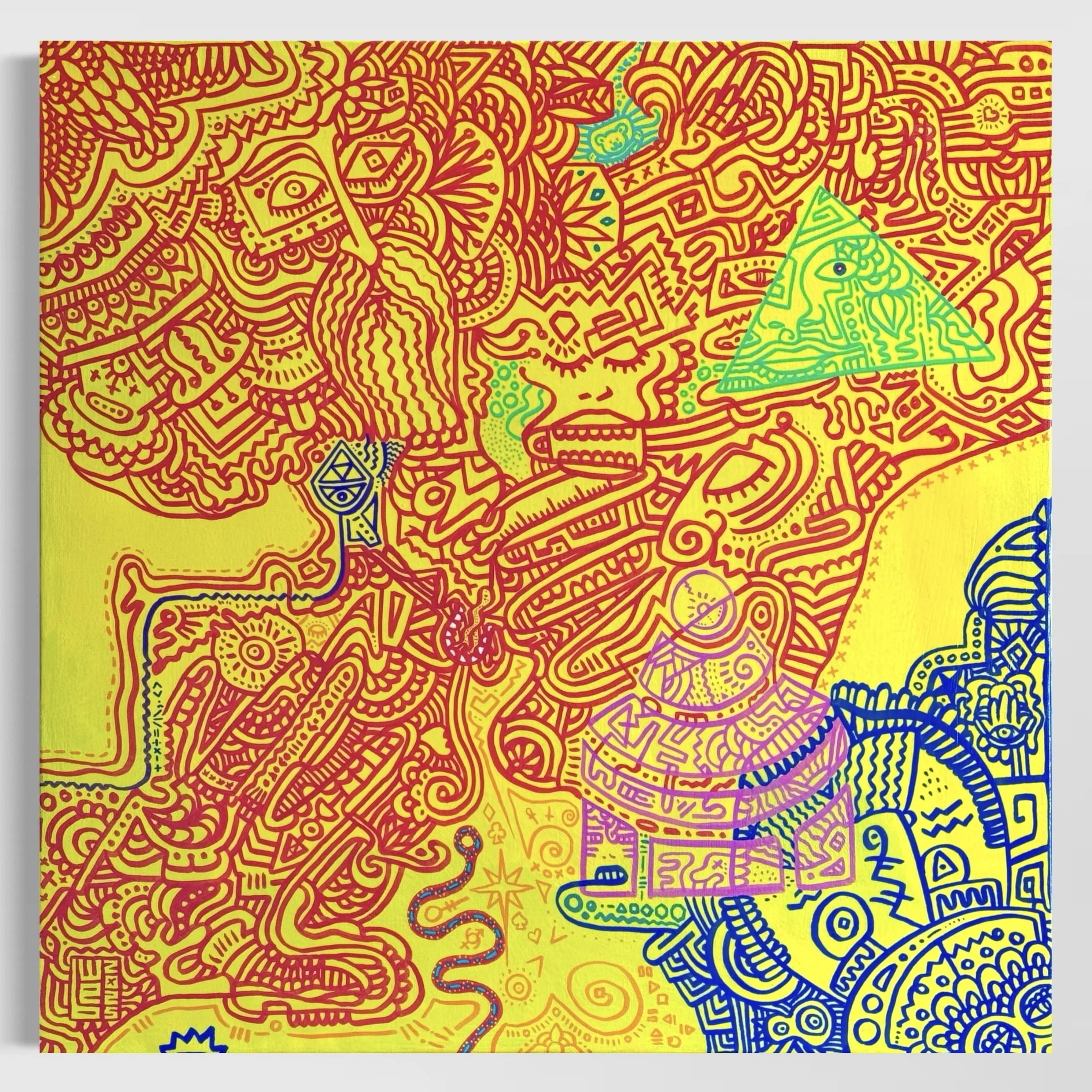 Colourful abstract illustration with intricate patterns, faces, eyes, and geometric shapes, featuring a yellow background with red, blue, green, and purple lines.
