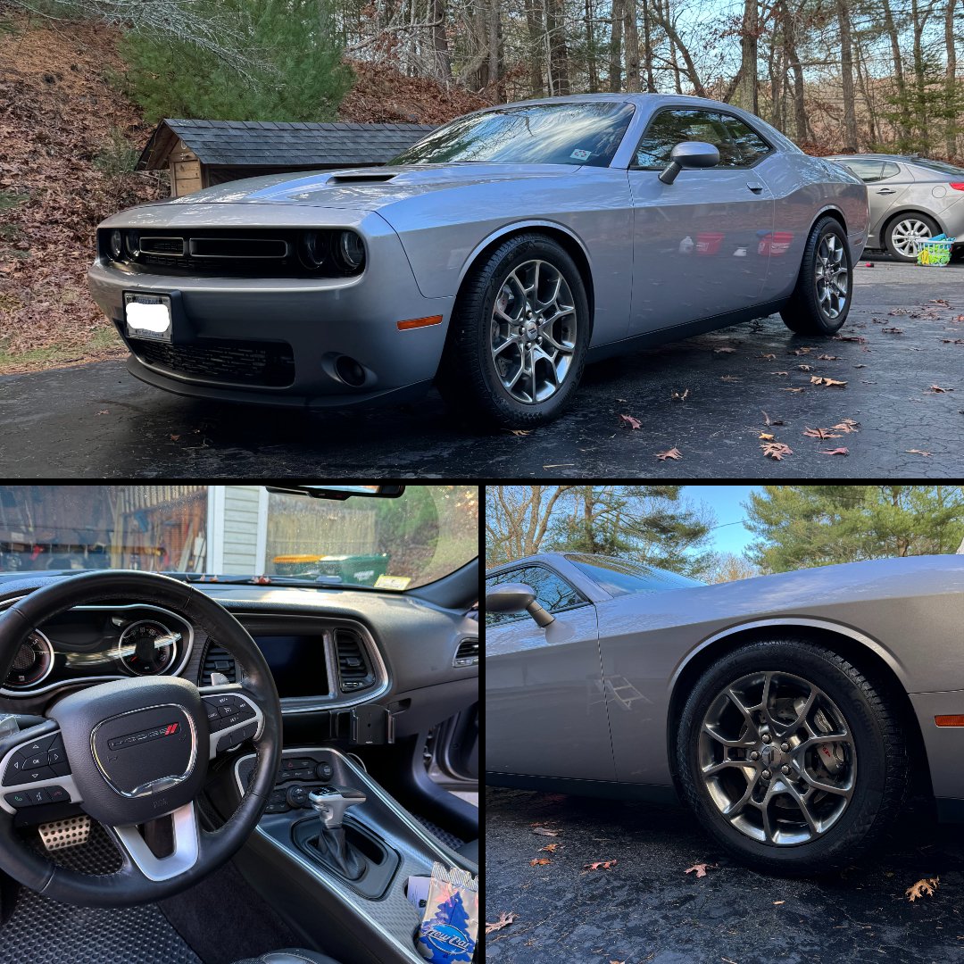 Dodge Challenger full interior and exterior mobile detail in driveway, clean and shiny paint.