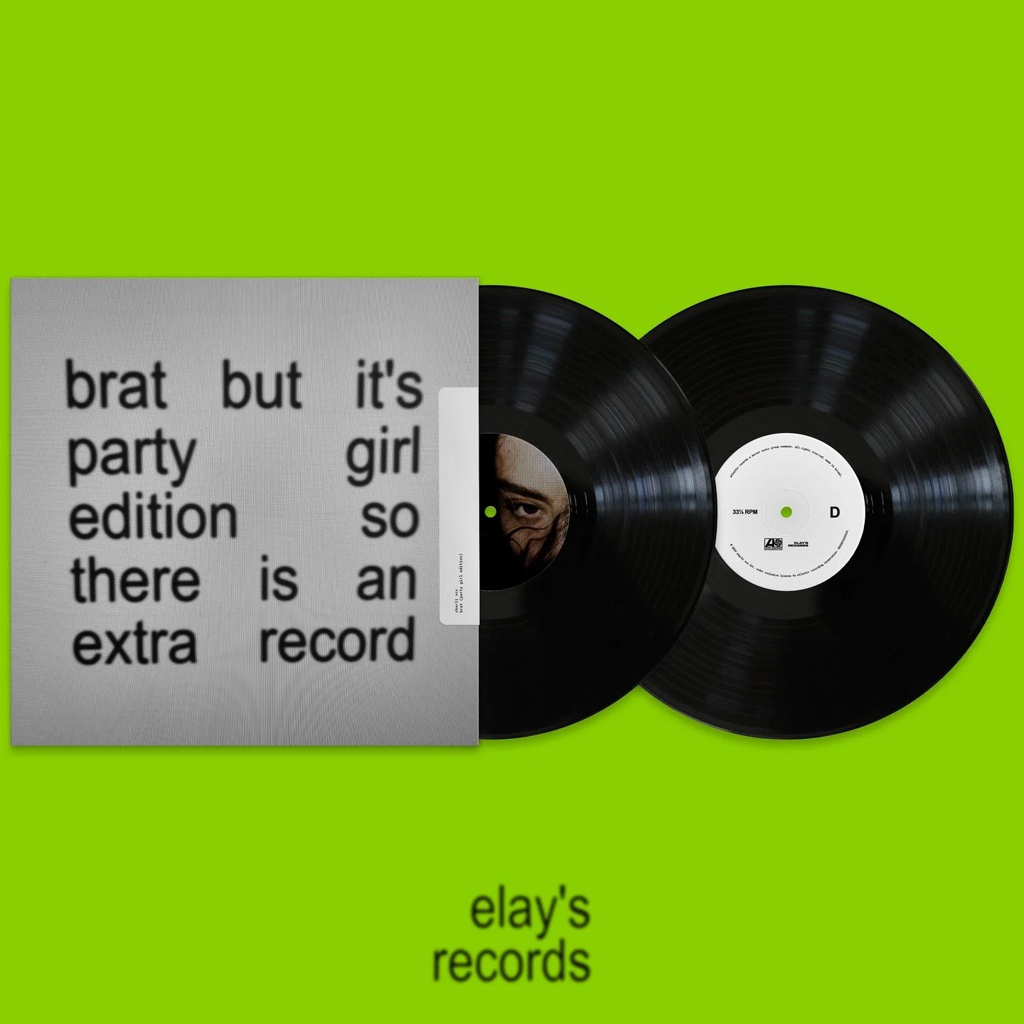 CHARLI XCX // BRAT PARTY GIRL EDITION // 2LP WITH EXTRA TRACKS AND REMIXES // GATEFOLD JACKET WITH ALT. PC SCREEN ART

#charlixcx #brat #vondutch #cultclassics #bratweek #bratanditsthesamebuttheresthreemoresongssoitsnot #360brat #itscharlibaby #xcx #
