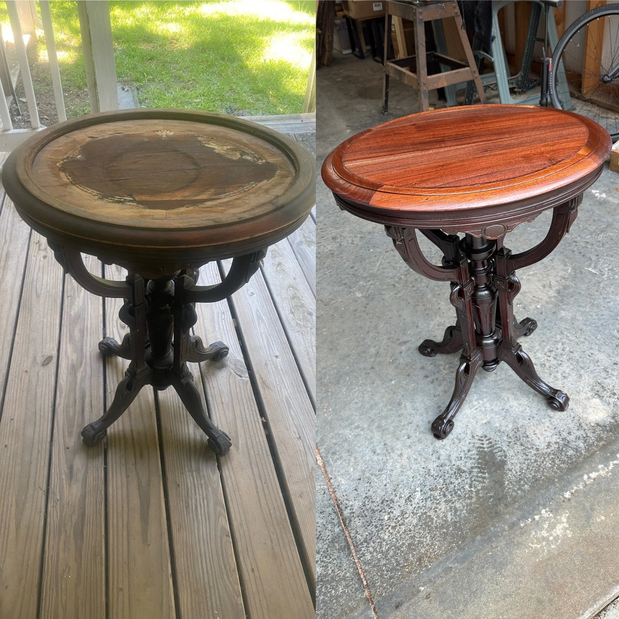 Before and after photos of a wooden table, showing it stained and finished.