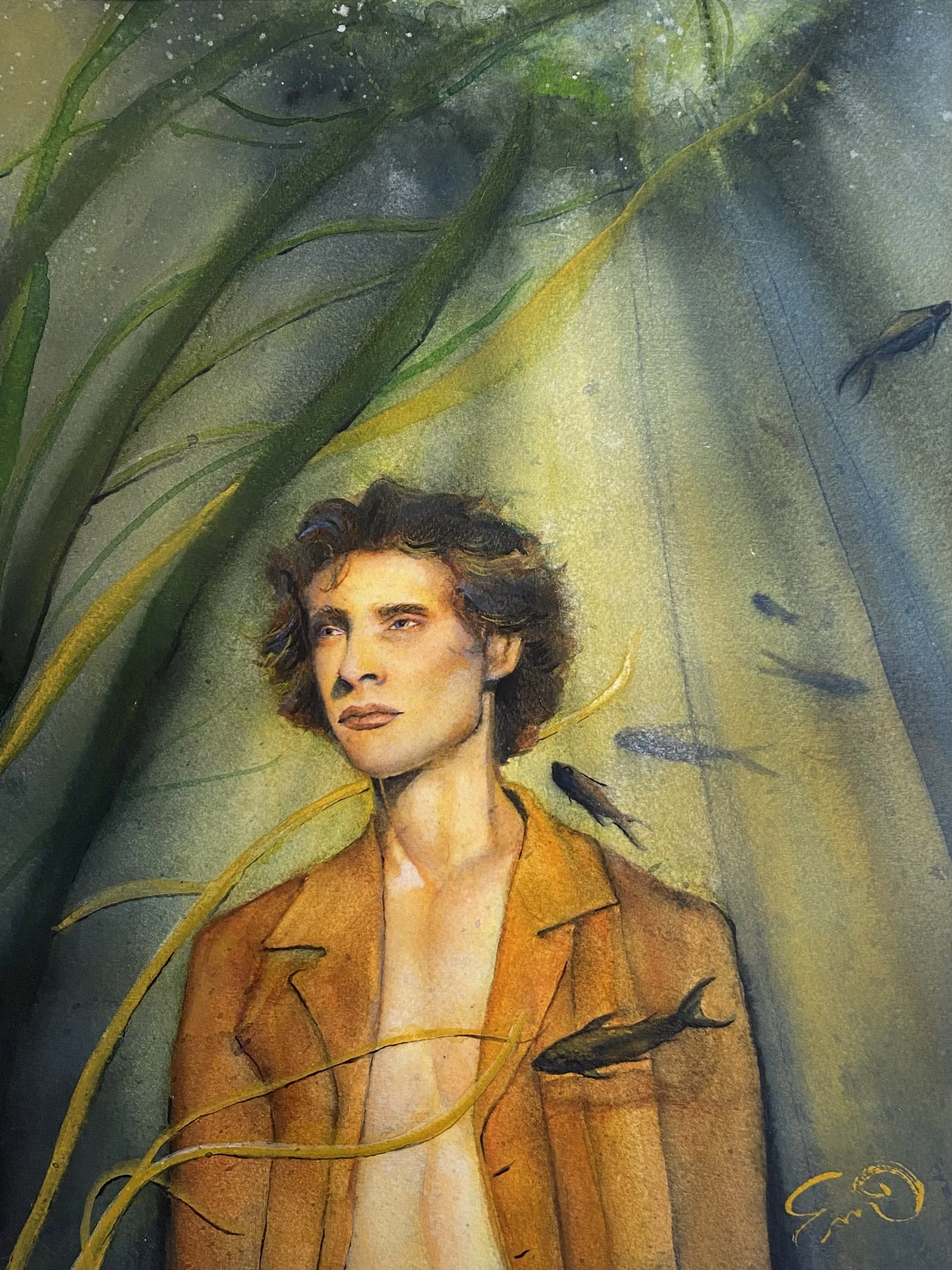 A watercolor painting of a woman with short wavy hair, wearing a brown jacket, surrounded by green aquatic plants and fish.