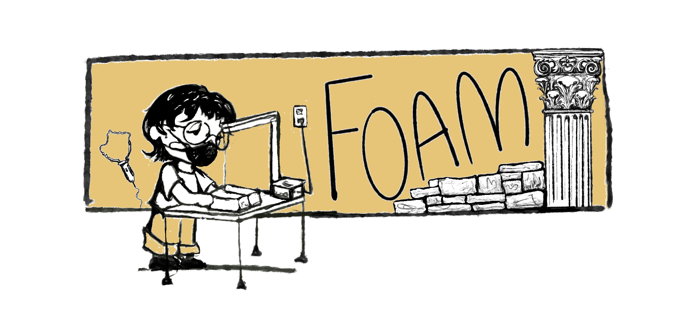 A cartoon drawing of a girl with glasses and a beard at a desk, working on a project, with a large yellow background behind her. The background features the word 'TOAN' in large letters, stones, and a Greek column.