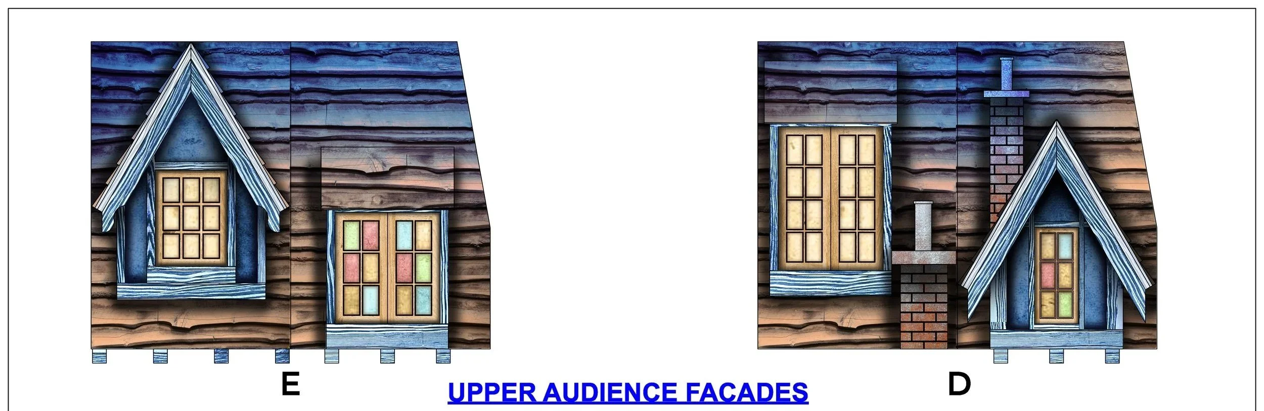 Illustration of two different upper story facades of houses, labeled E and D, showing window and chimney designs, with the title 'UPPER AUDIENCE FACADES' in blue.